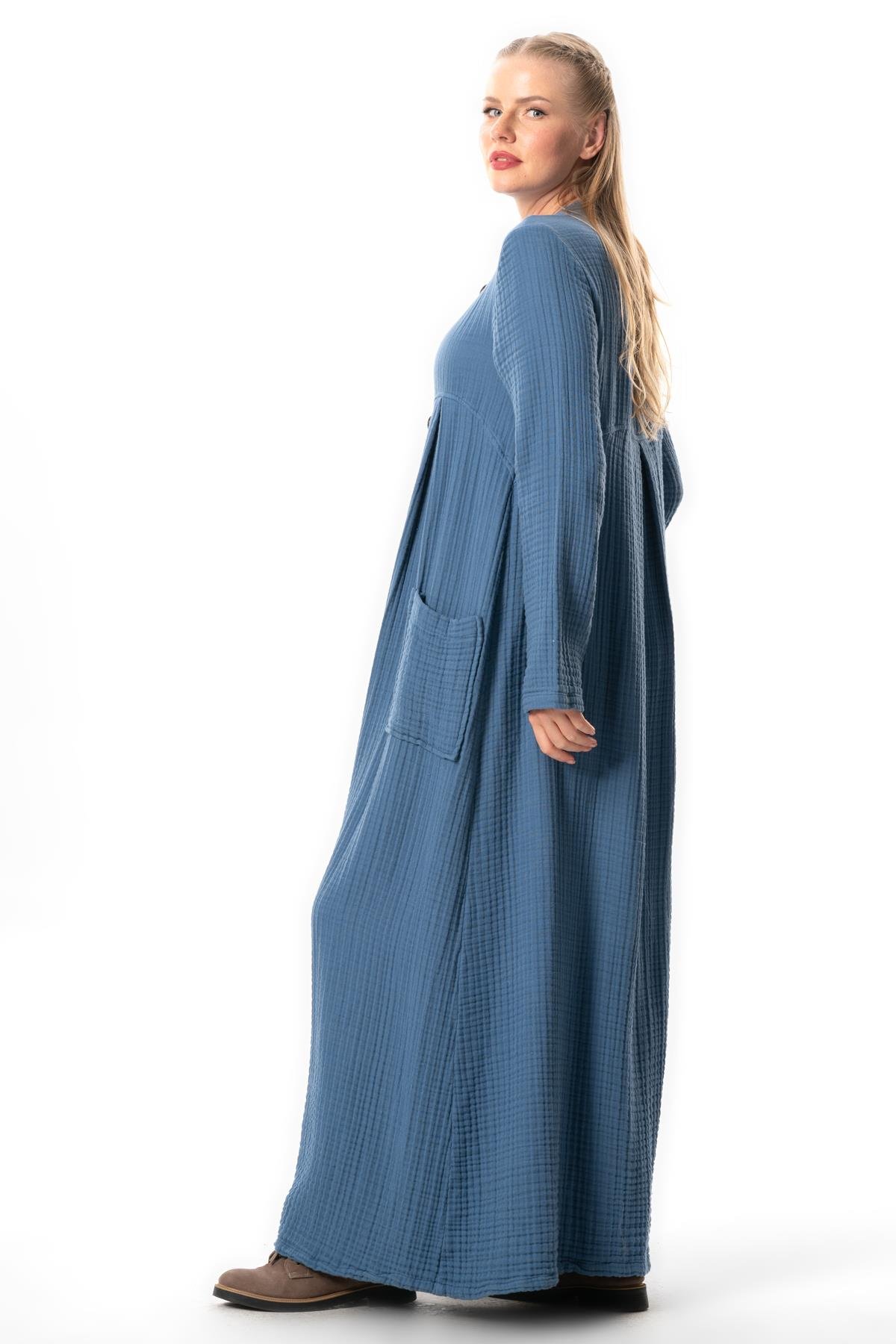 Uzun Kol Cennet Hakim Yaka Düğme Detaylı Sonbahar ve Kışlık Cepli Double Müslin Ferace İndigo indg