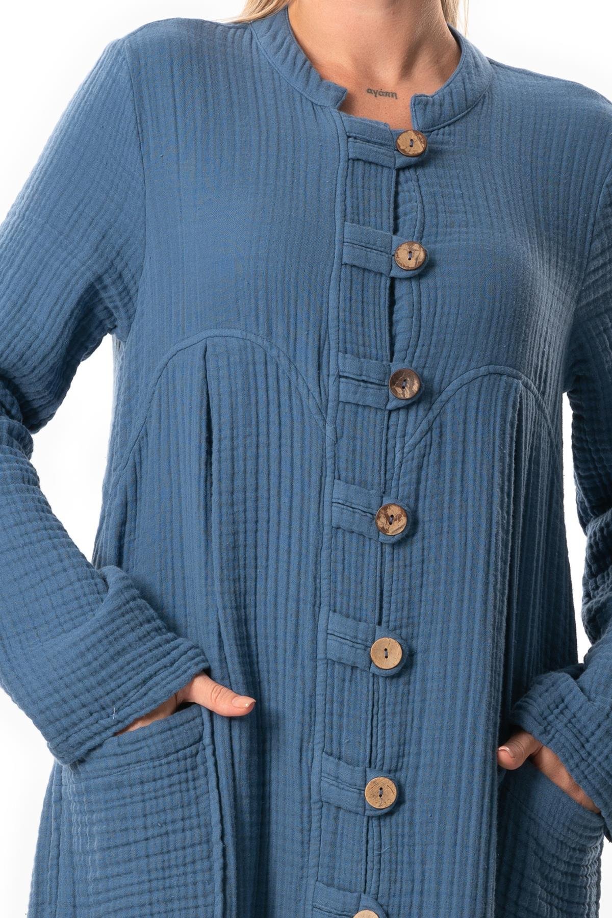 Uzun Kol Cennet Hakim Yaka Düğme Detaylı Sonbahar ve Kışlık Cepli Double Müslin Ferace İndigo indg