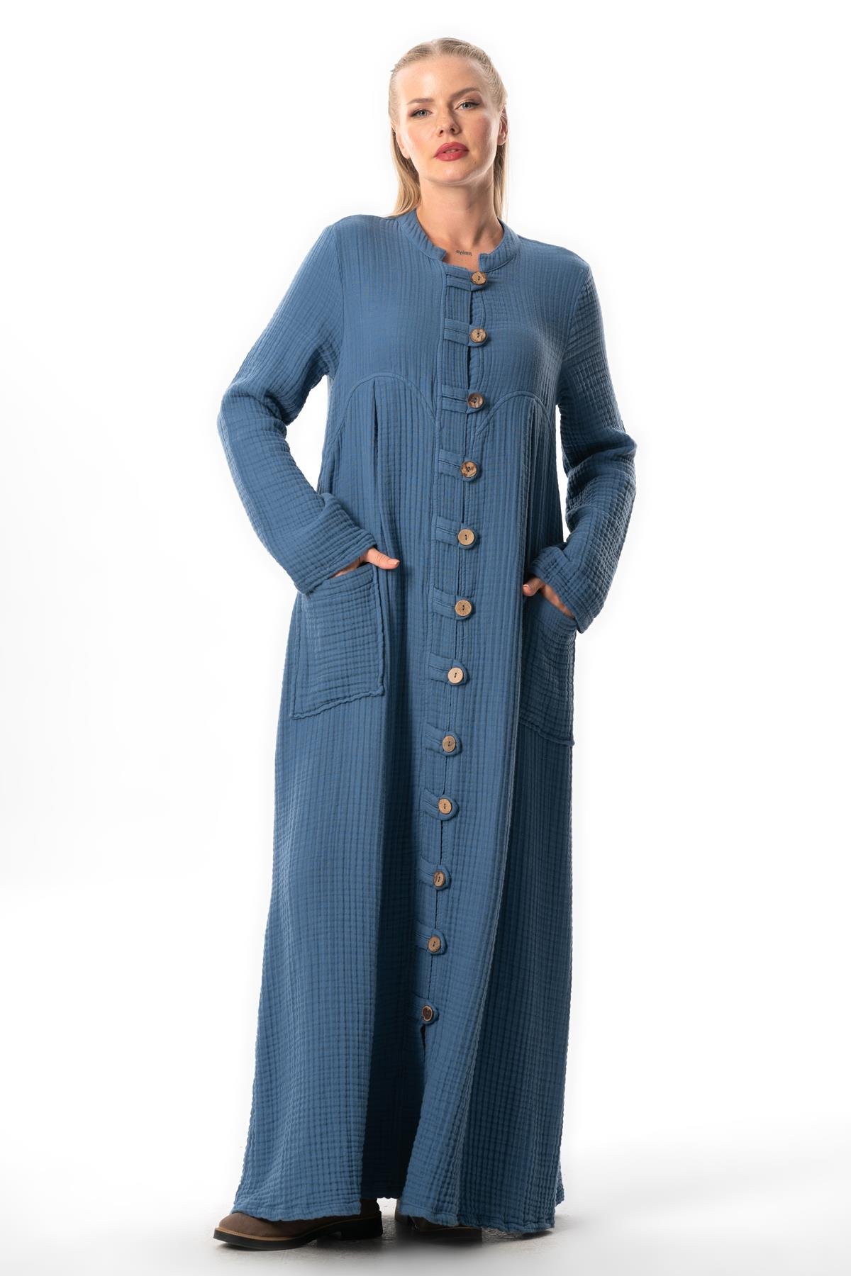 Uzun Kol Cennet Hakim Yaka Düğme Detaylı Sonbahar ve Kışlık Cepli Double Müslin Ferace İndigo indg