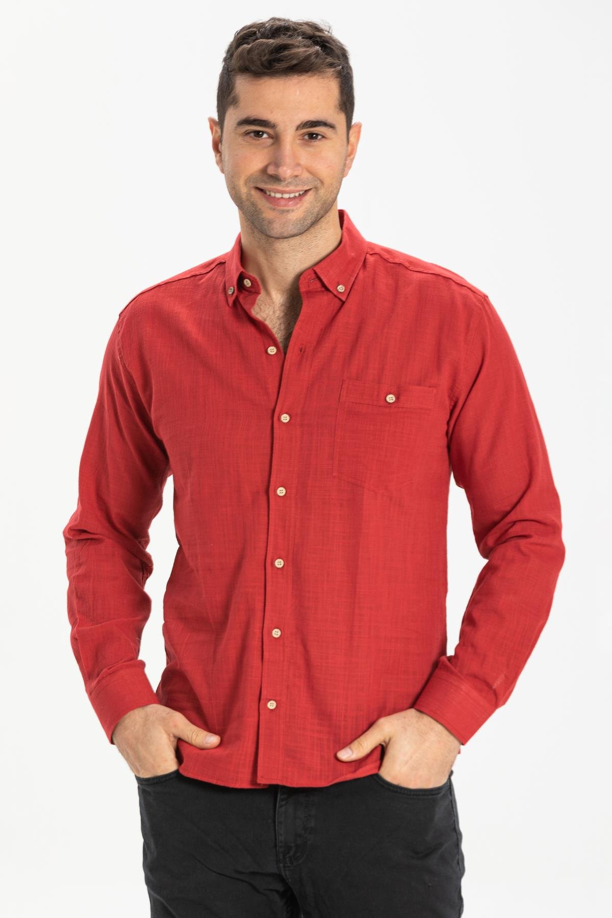 Long Sleeve Slim Fit Sile Fabric Shirt Red