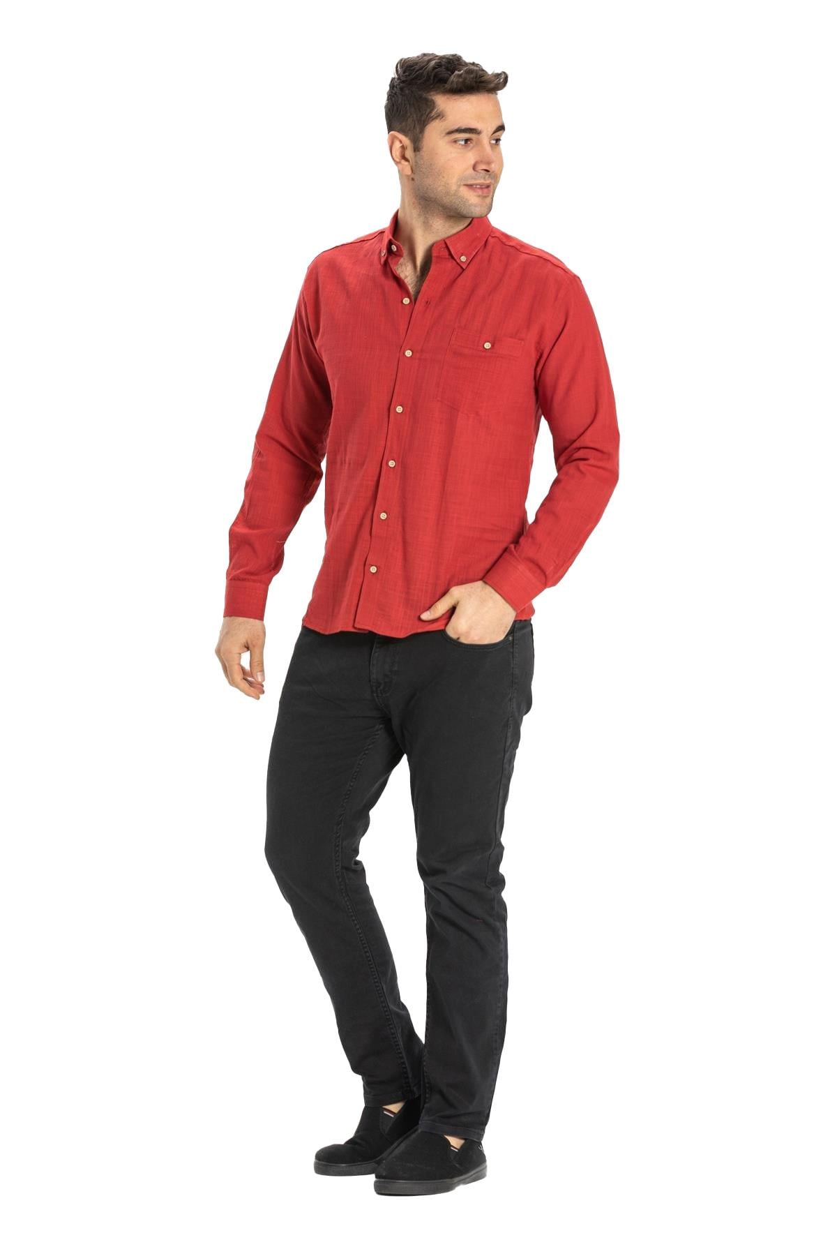 Long Sleeve Slim Fit Sile Fabric Shirt Red