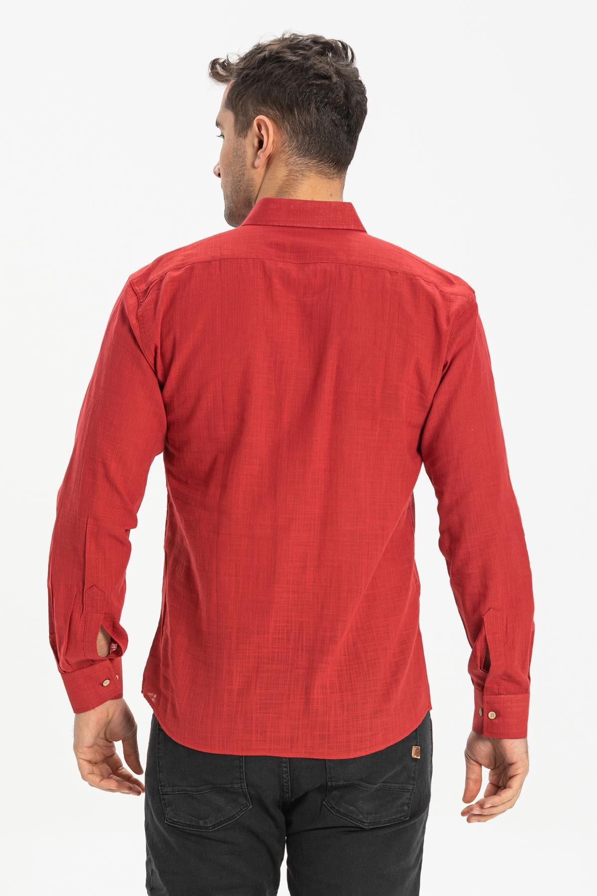 Long Sleeve Slim Fit Sile Fabric Shirt Red