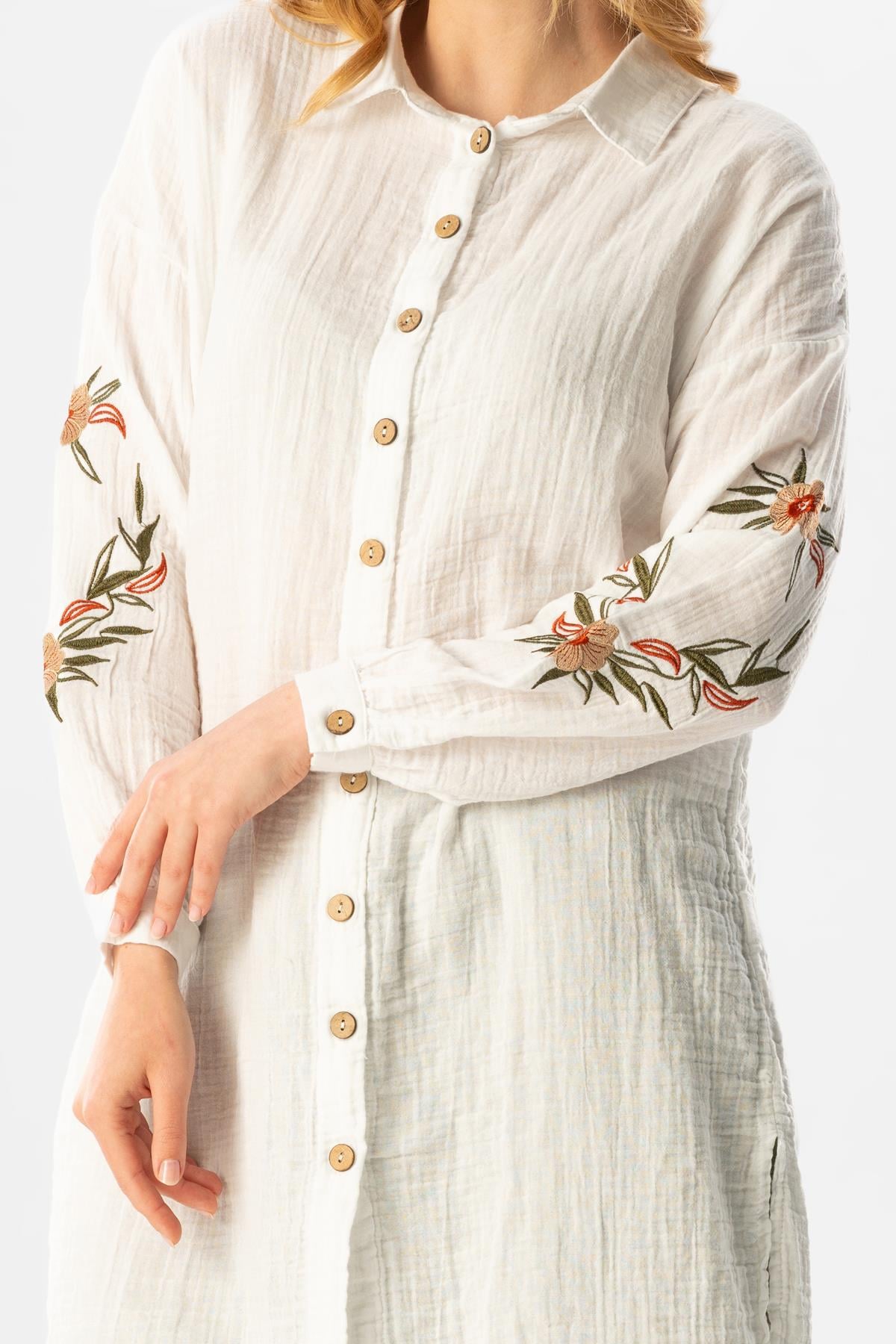Long Sleeve Deste Shirt Collar Muslin Tunic White