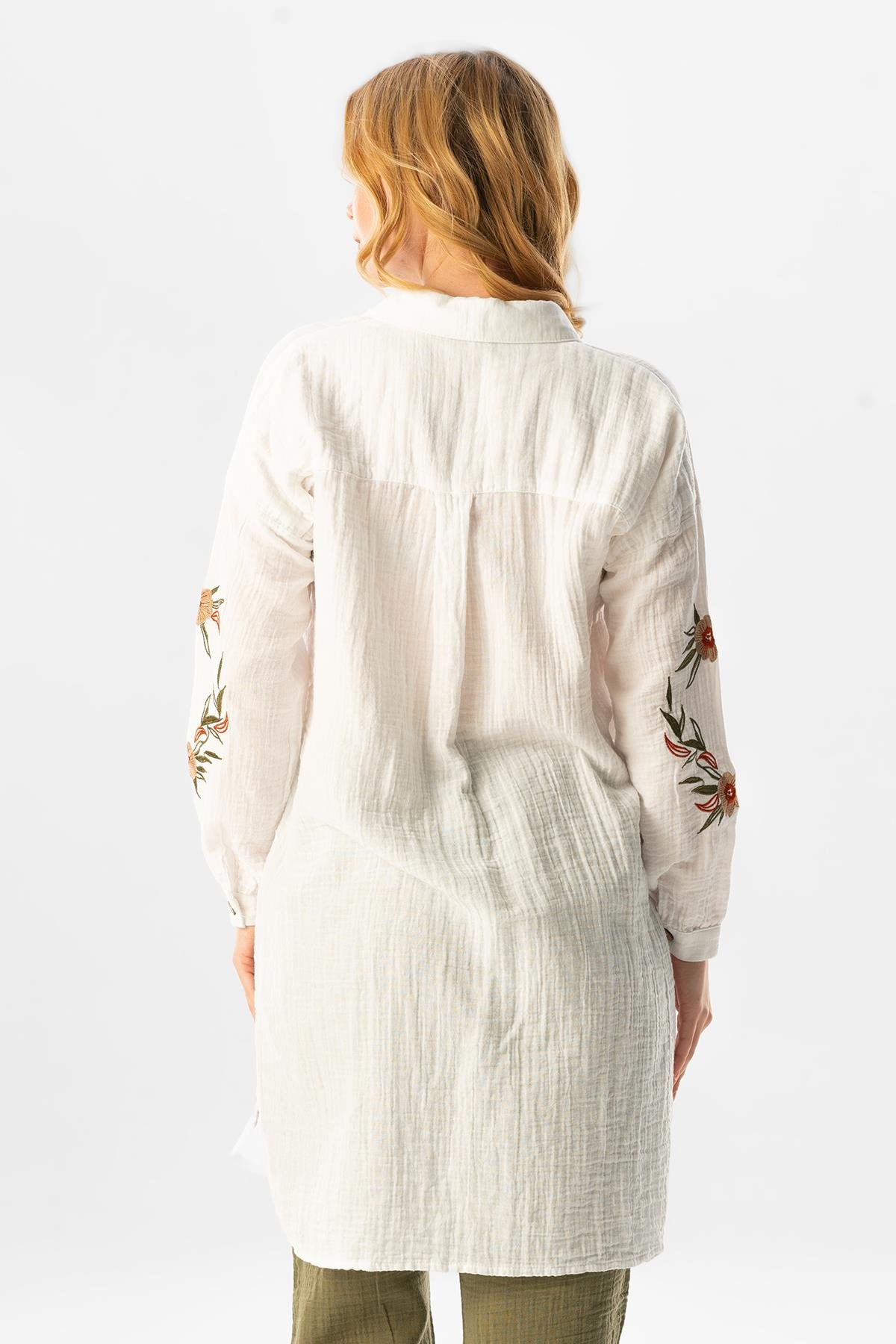 Long Sleeve Deste Shirt Collar Muslin Tunic White