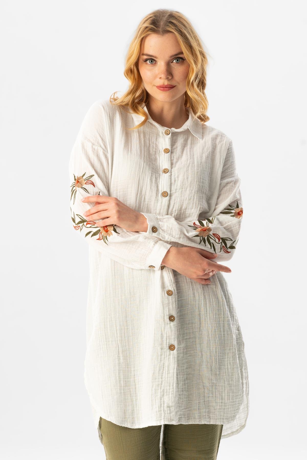 Long Sleeve Deste Shirt Collar Muslin Tunic White