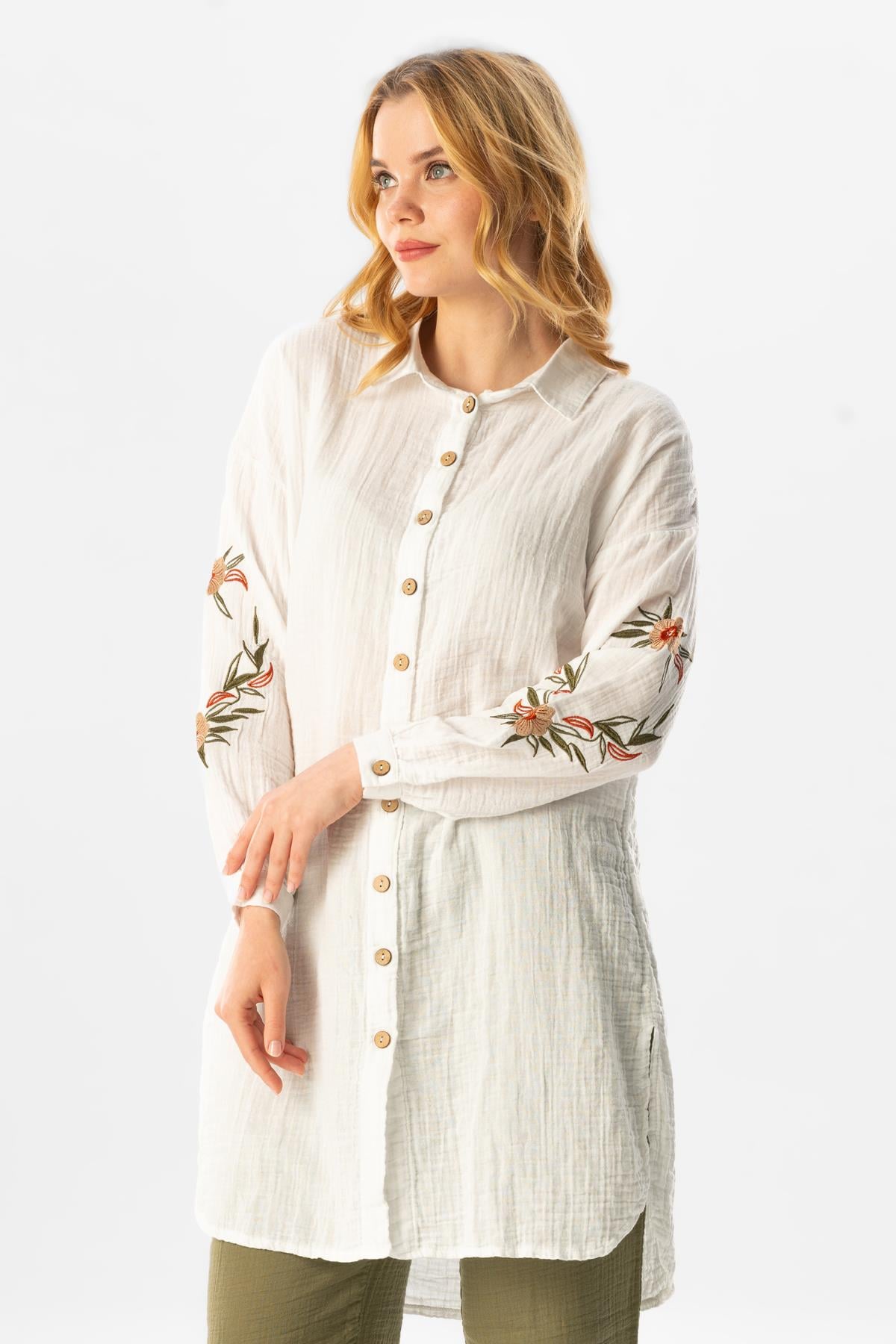Long Sleeve Deste Shirt Collar Muslin Tunic White