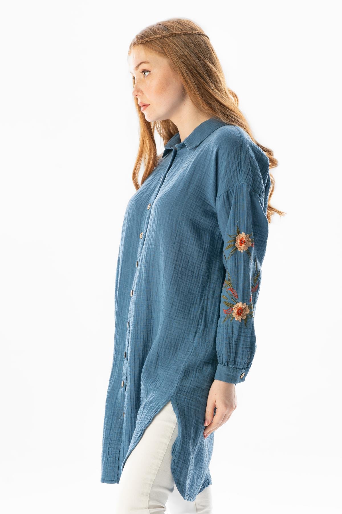 Uzun Kol Deste Gömlek Yaka Yazlık Müslin Tunik İndigo indg