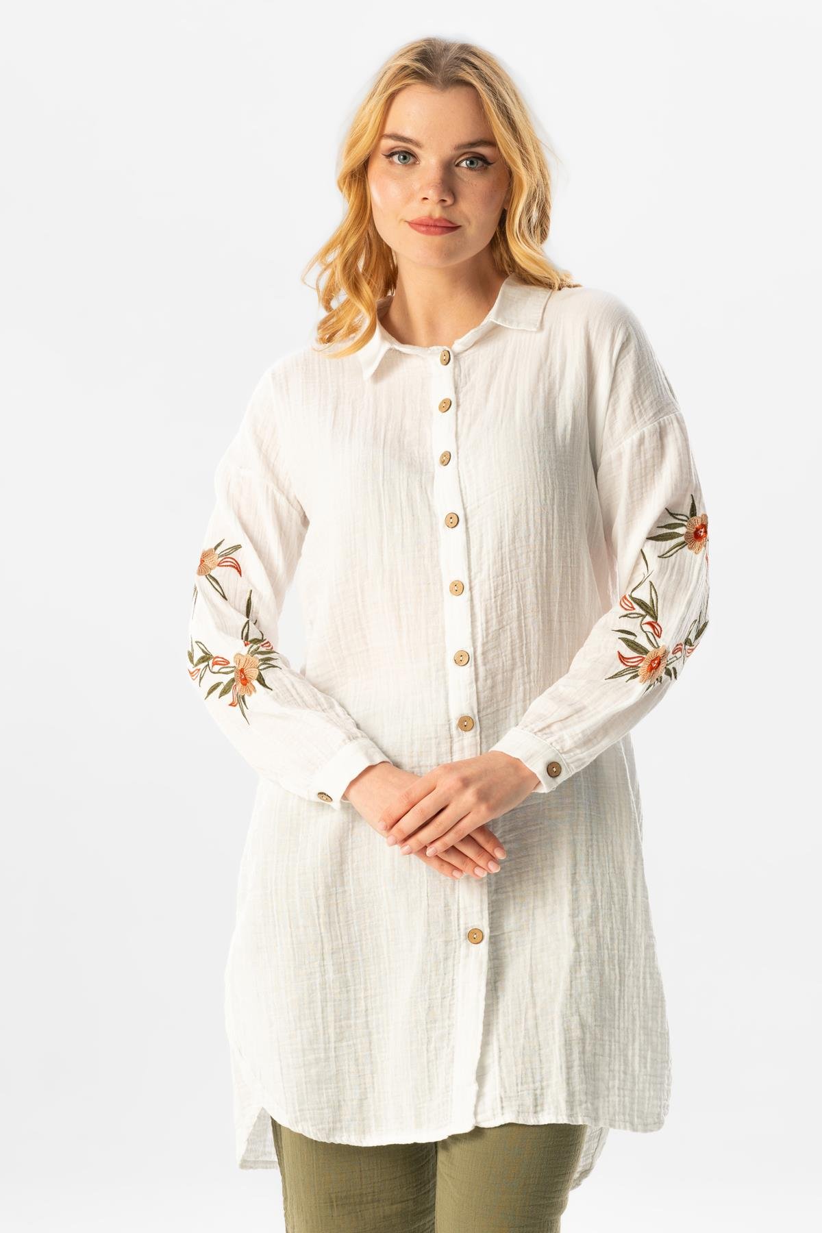 Long Sleeve Deste Shirt Collar Muslin Tunic White