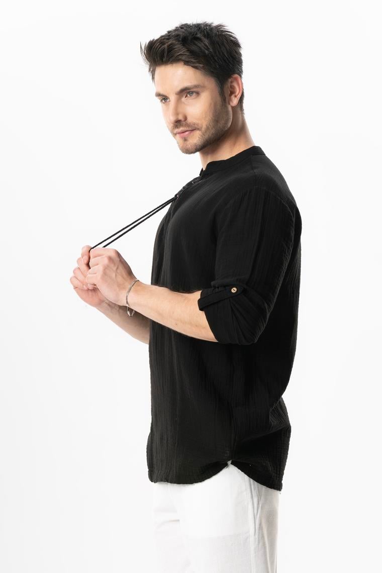 Uzun Kol Doruk V Yaka Bağcıklı Müslin Erkek Yazlık Tshirt Siyah Syh