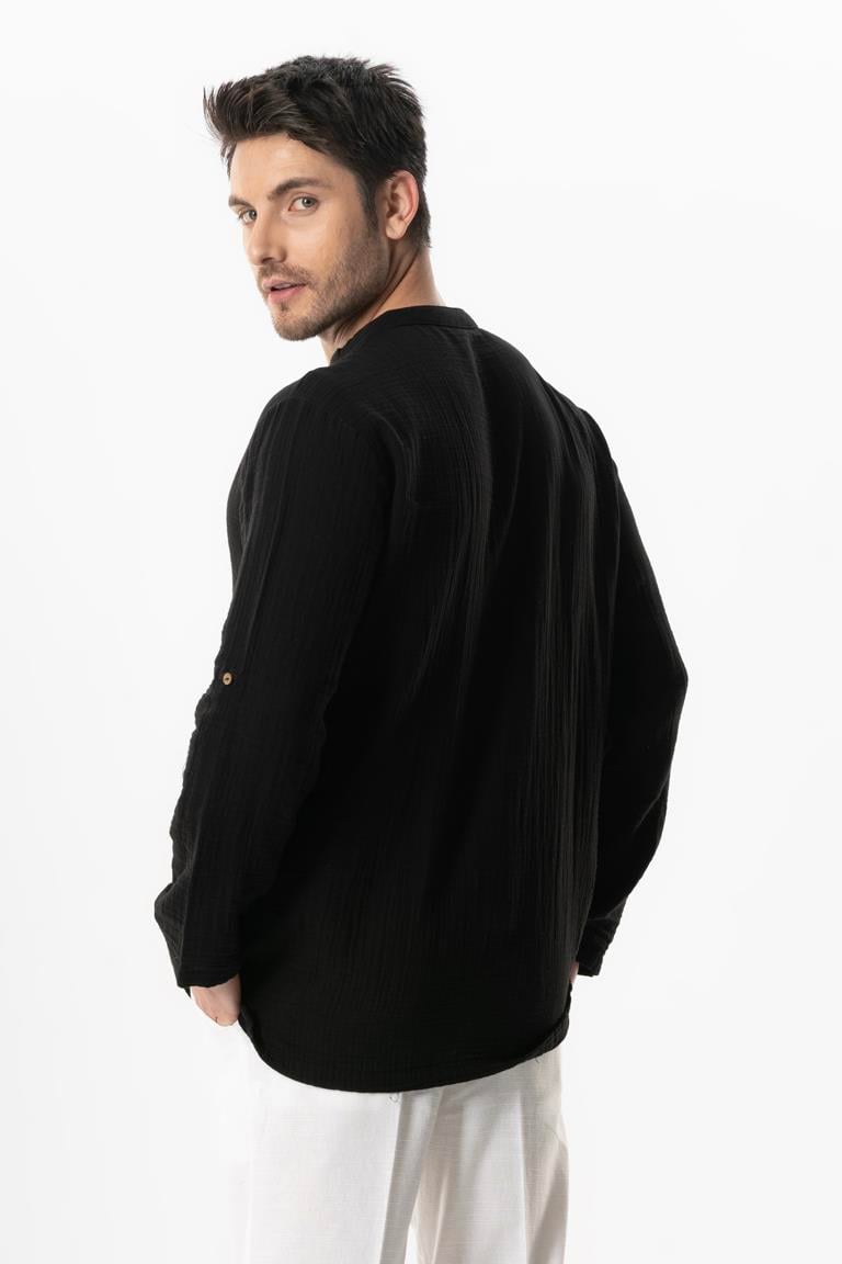 Uzun Kol Doruk V Yaka Bağcıklı Müslin Erkek Yazlık Tshirt Siyah Syh