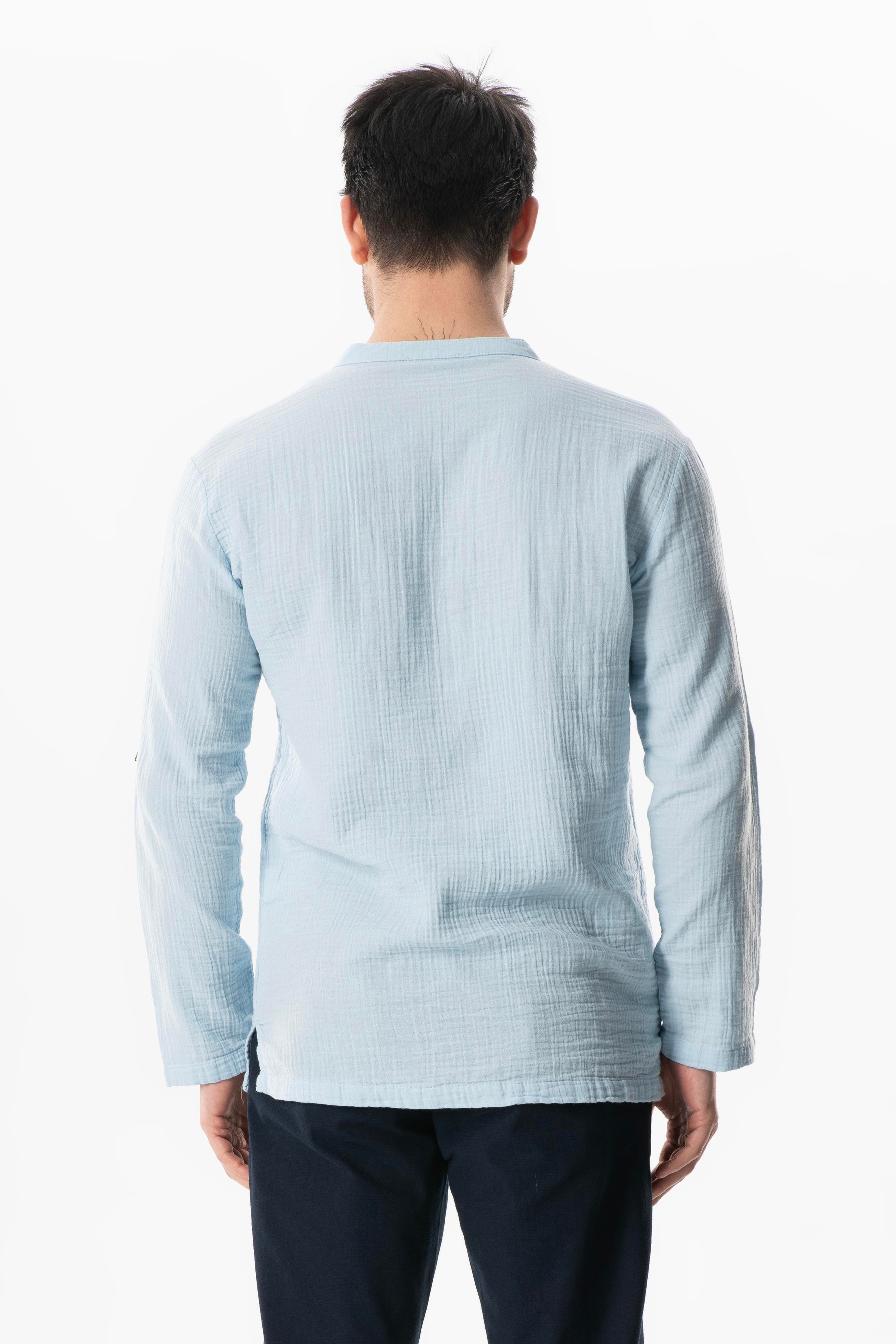 Uzun Kol Doruk V Yaka Bağcıklı Müslin Erkek Yazlık Tshirt Buz Mavi Bmv