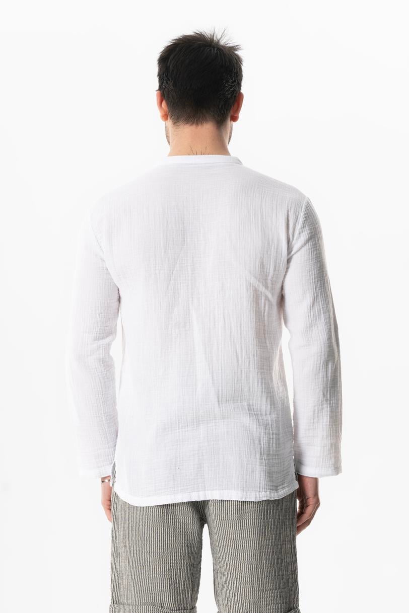 Uzun Kol Doruk V Yaka Bağcıklı Müslin Erkek Yazlık Tshirt Beyaz Byz