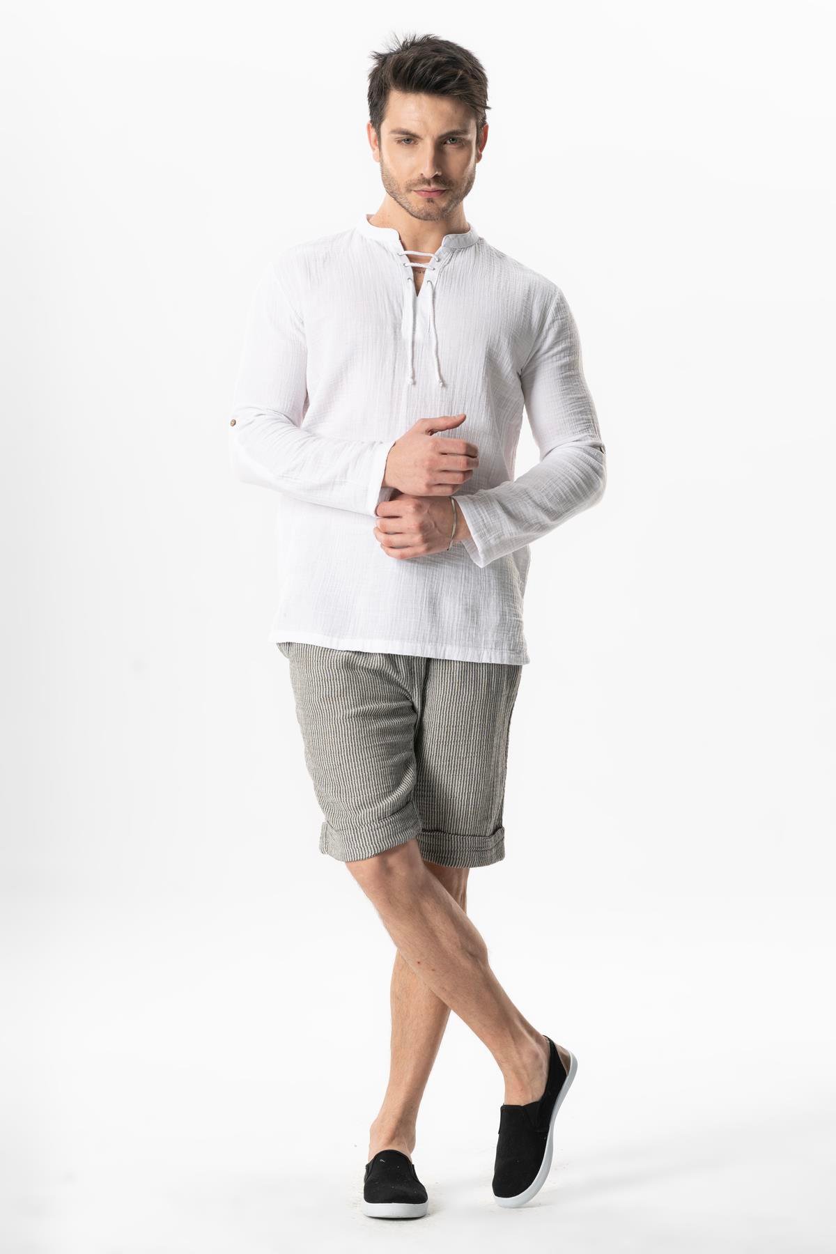 Uzun Kol Doruk V Yaka Bağcıklı Müslin Erkek Yazlık Tshirt Beyaz Byz