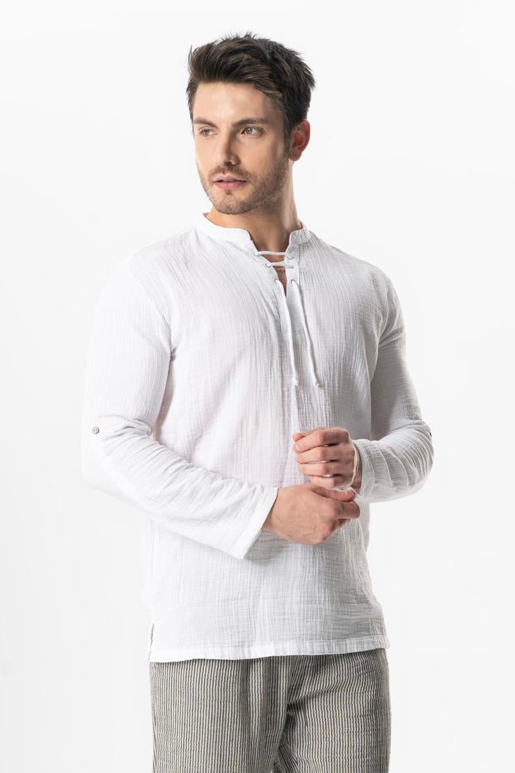 Uzun Kol Doruk V Yaka Bağcıklı Müslin Erkek Yazlık Tshirt Beyaz Byz