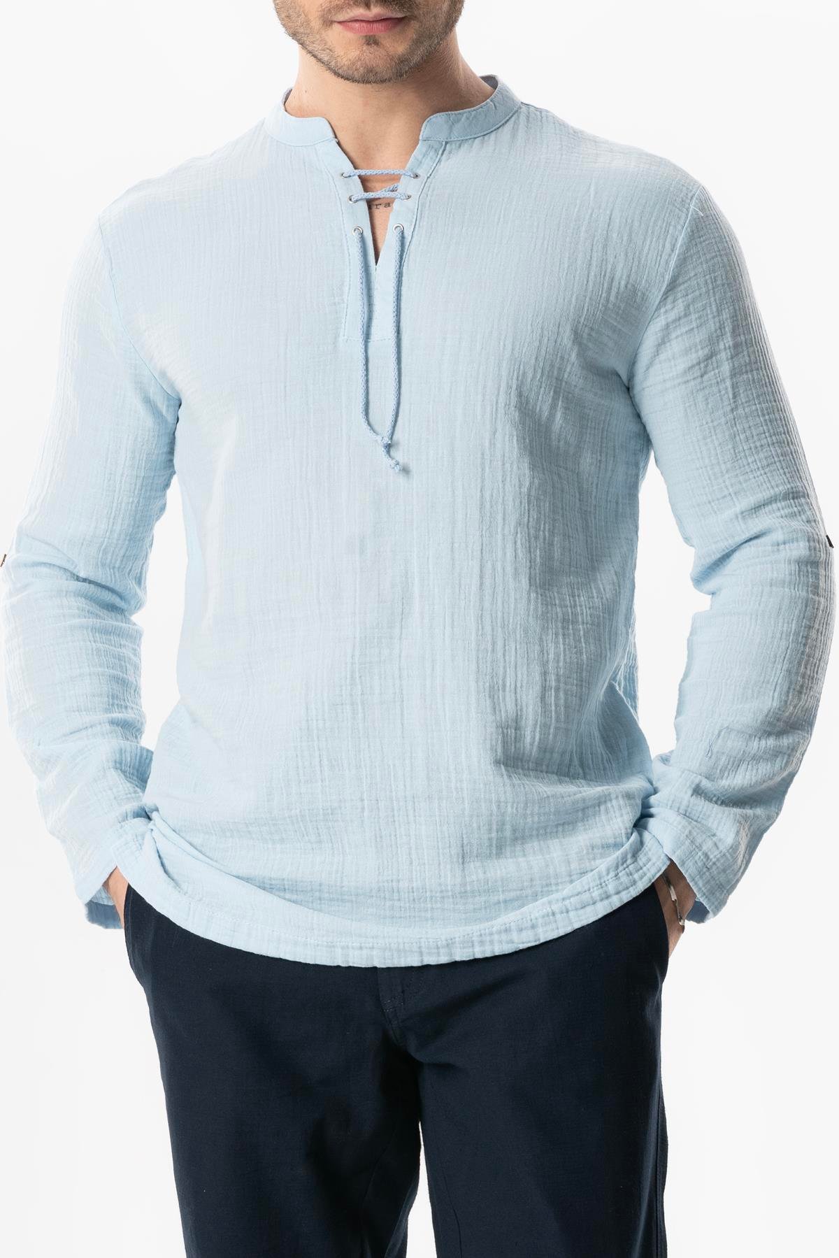 Uzun Kol Doruk V Yaka Bağcıklı Müslin Erkek Yazlık Tshirt Buz Mavi Bmv