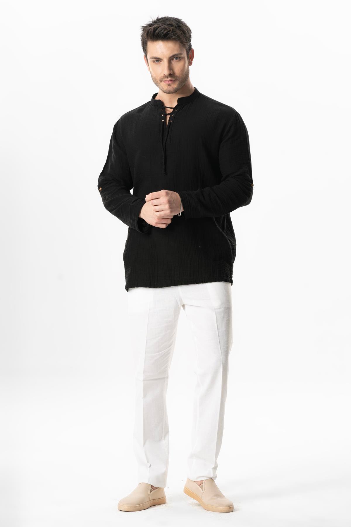 Uzun Kol Doruk V Yaka Bağcıklı Müslin Erkek Yazlık Tshirt Siyah Syh