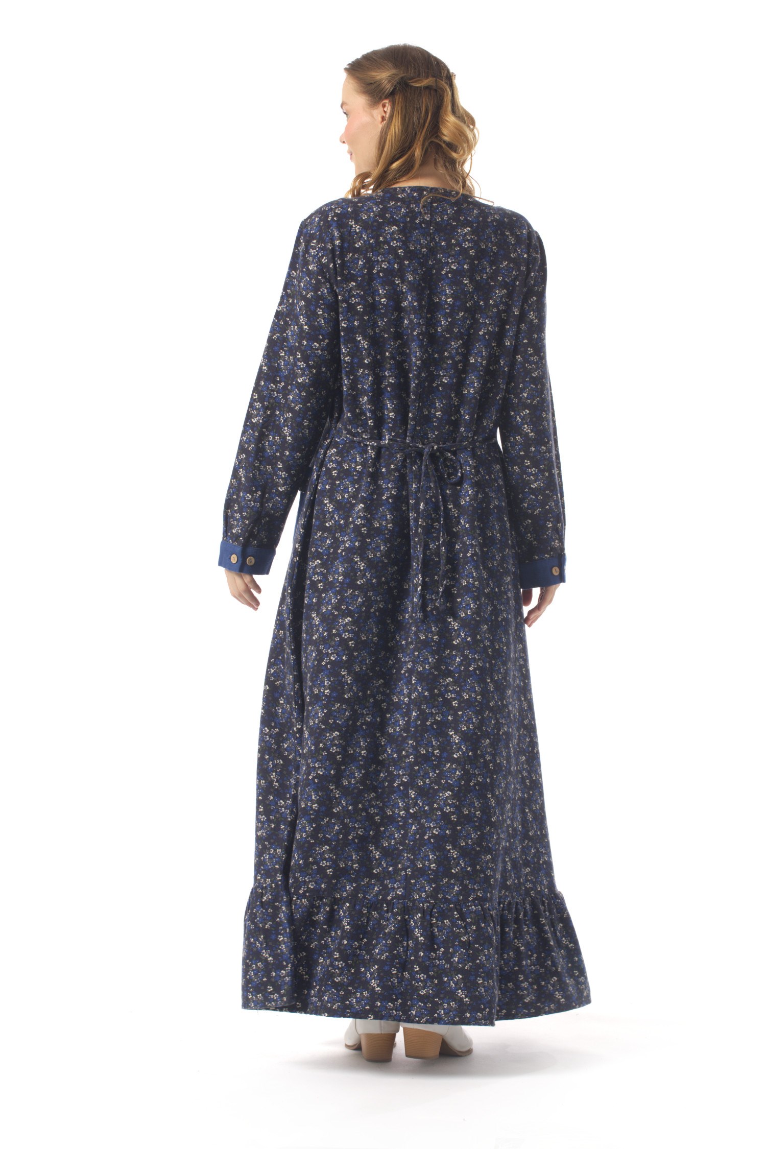 Uzun Kol Eleni Pazen Menekşe Desen Kışlık Uzun Elbise Lacivert Lcvt