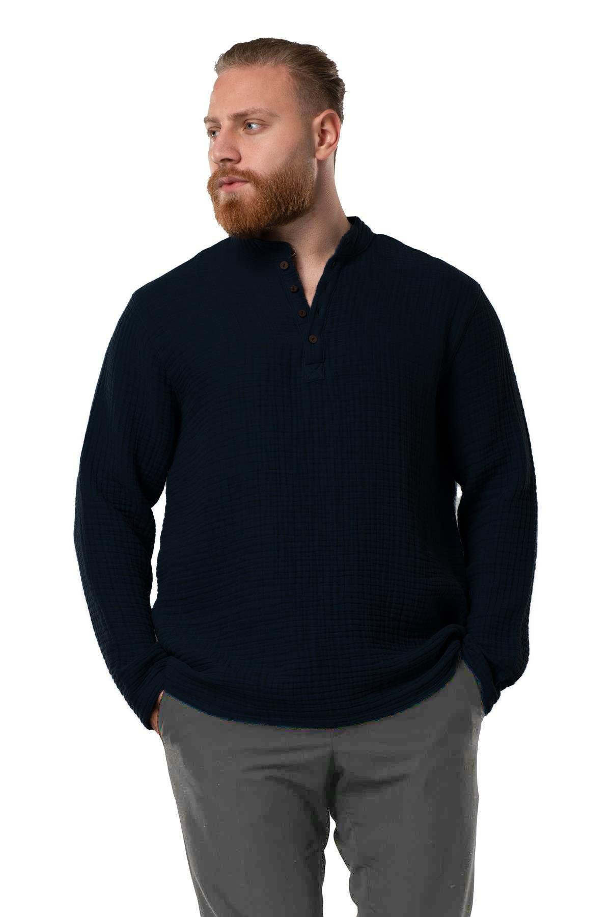 Uzun Kol Erkek Hakim Yaka Double Müslin Sonbahar ve Kışlık Sweatshirt Siyah Syh