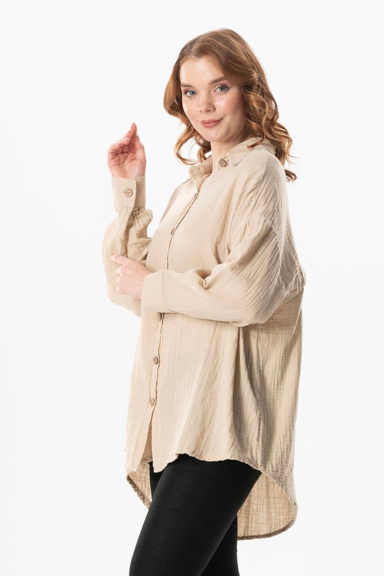 Uzun Kol Esved Kadın Yazlık Müslin Gömlek Bej Bej