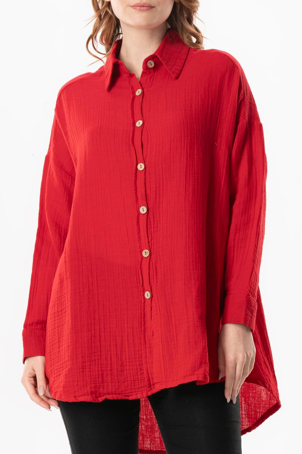 Uzun Kol Esved Kadın Yazlık Müslin Gömlek Kırmızı Krmz