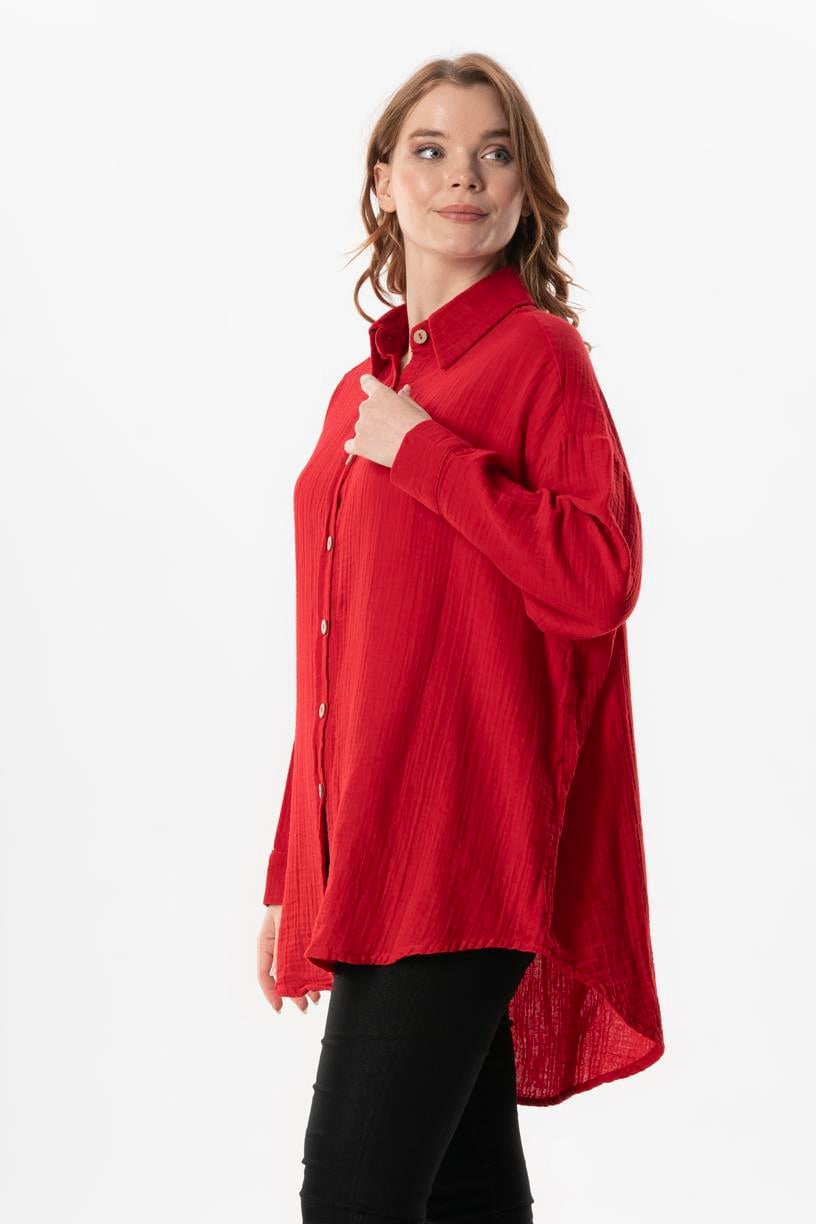 Uzun Kol Esved Kadın Yazlık Müslin Gömlek Kırmızı Krmz