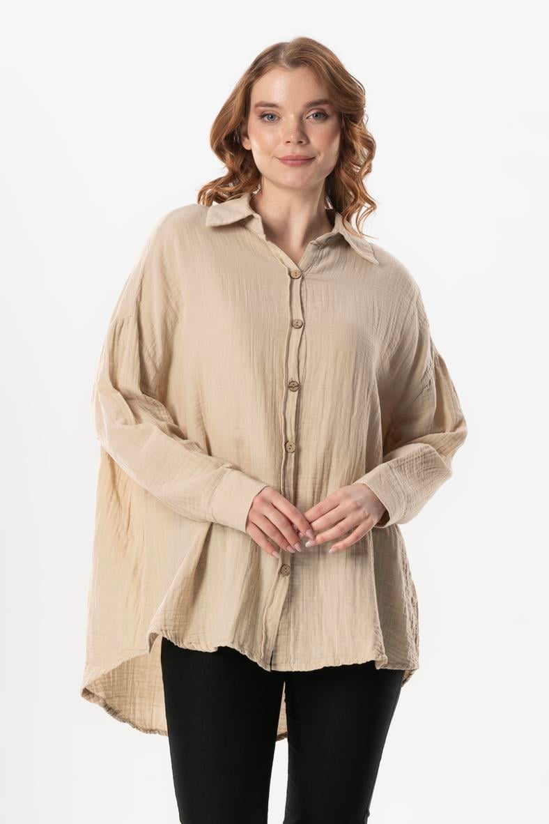 Uzun Kol Esved Kadın Yazlık Müslin Gömlek Bej Bej
