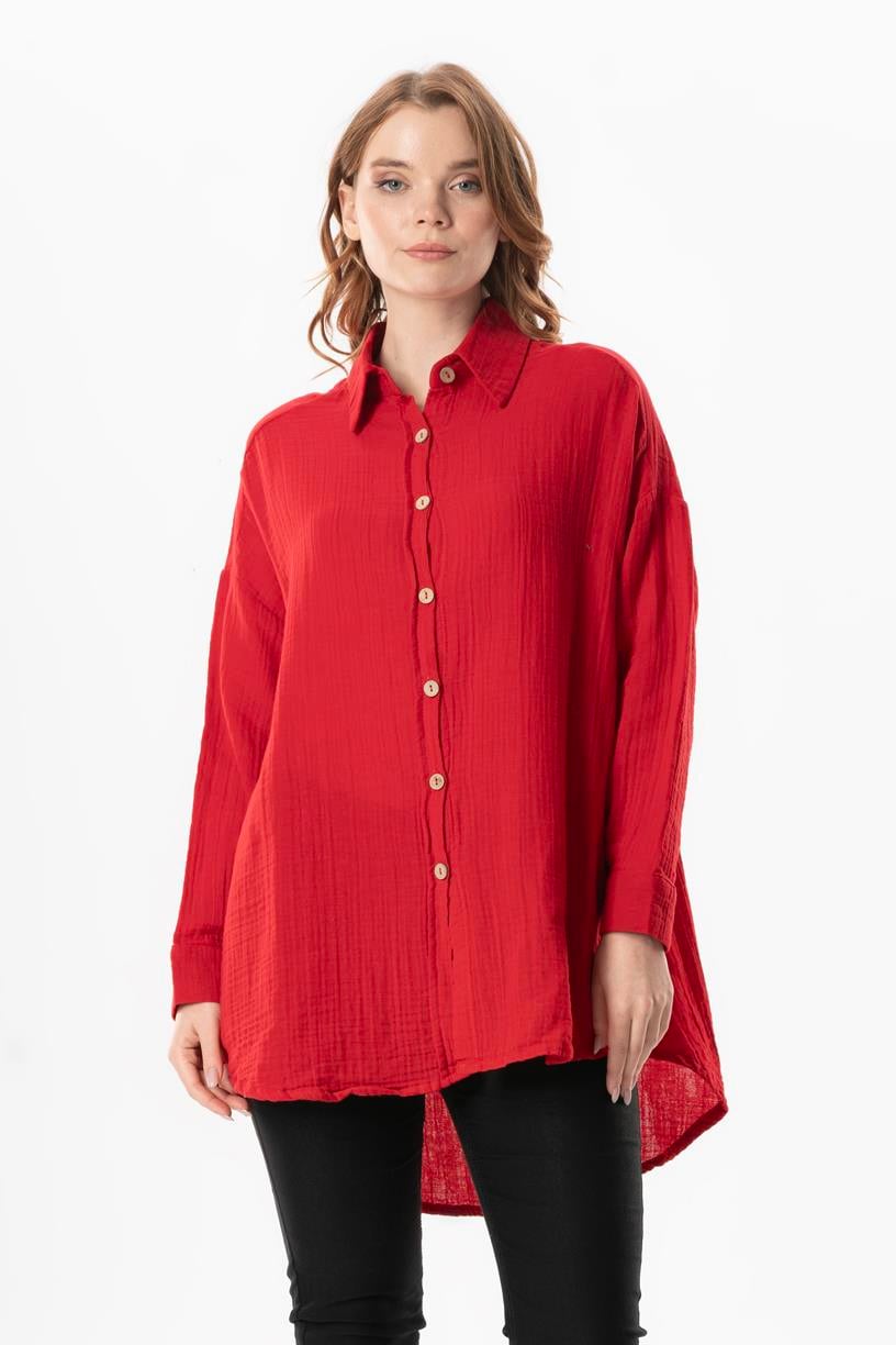 Uzun Kol Esved Kadın Yazlık Müslin Gömlek Kırmızı Krmz
