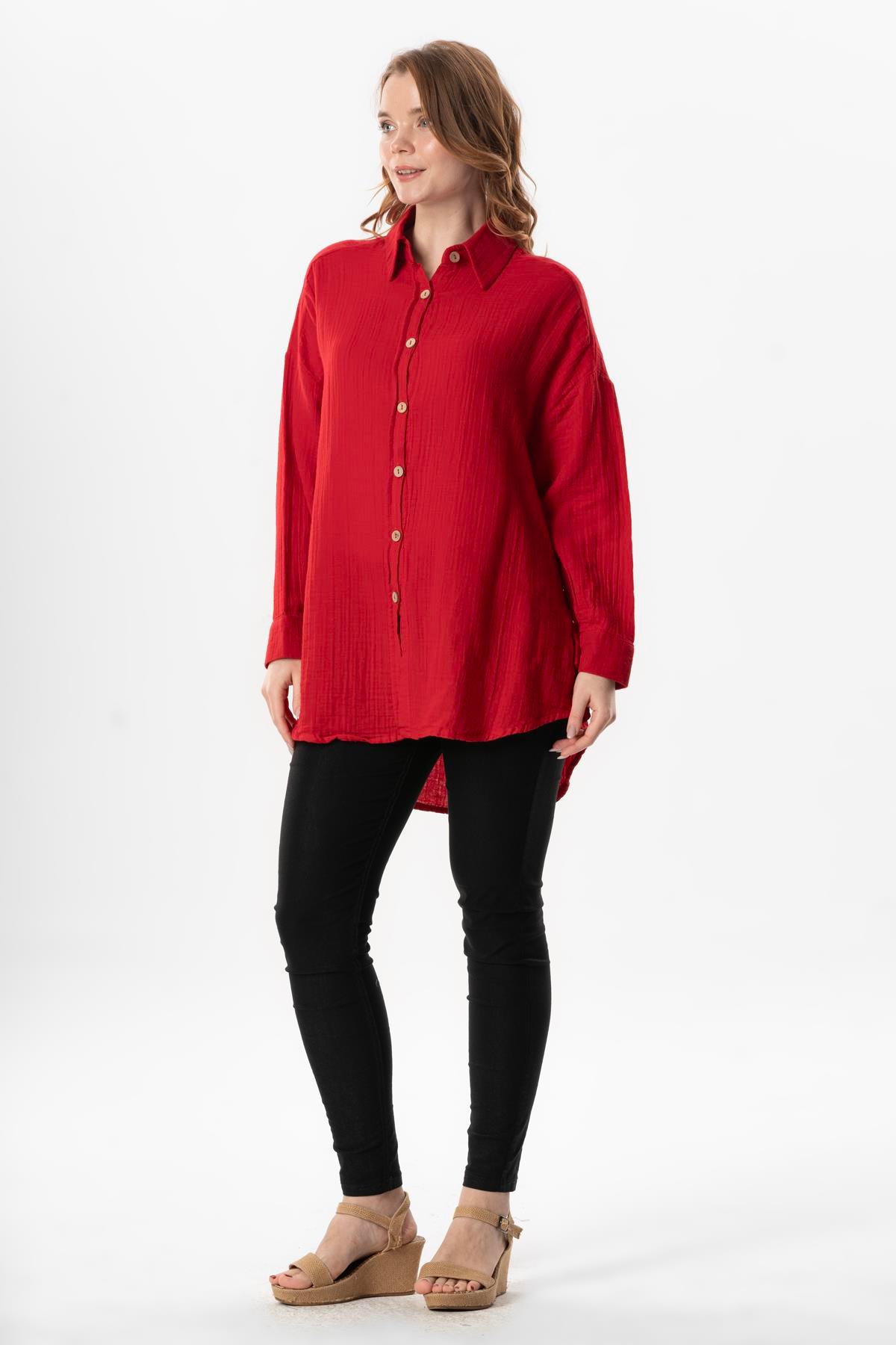 Uzun Kol Esved Kadın Yazlık Müslin Gömlek Kırmızı Krmz