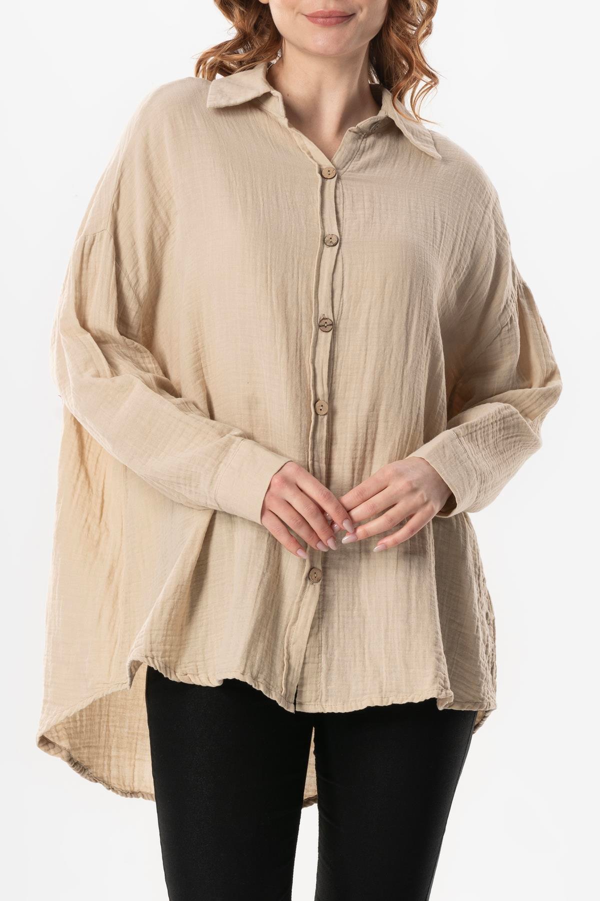 Uzun Kol Esved Kadın Yazlık Müslin Gömlek Bej Bej
