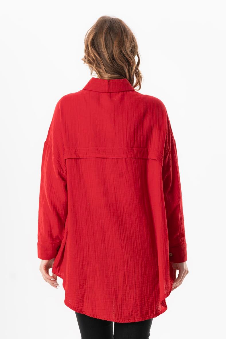 Uzun Kol Esved Kadın Yazlık Müslin Gömlek Kırmızı Krmz