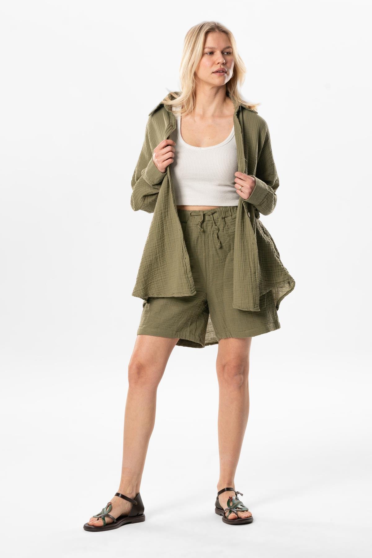 Uzun Kol Esved Yazlık Müslin Gömlek Haki Hk