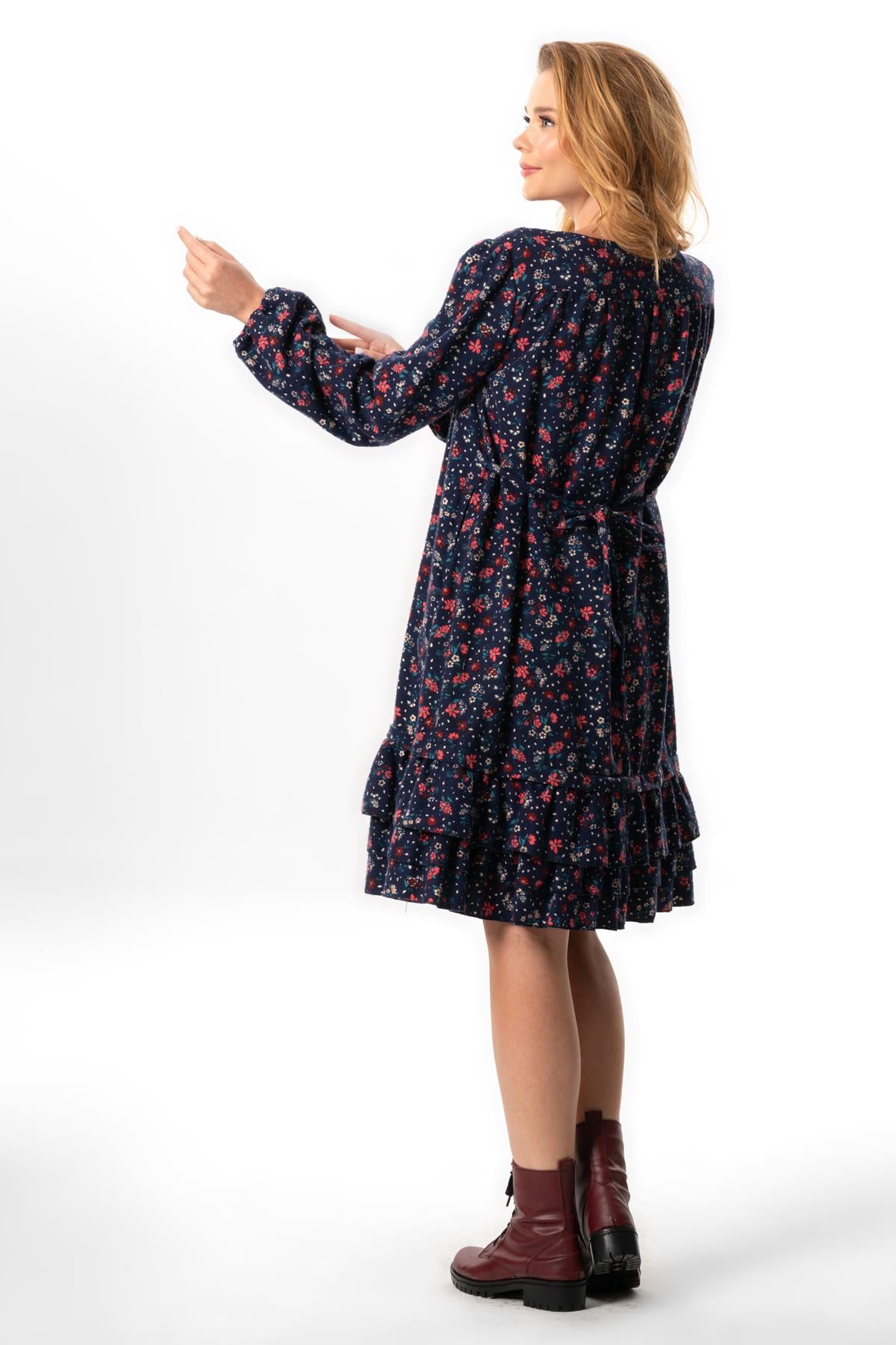 Long Sleeve Universe Flannel V-Neck Fall and Winter Floral Pattern Ruffled Short Dress Navy Blue