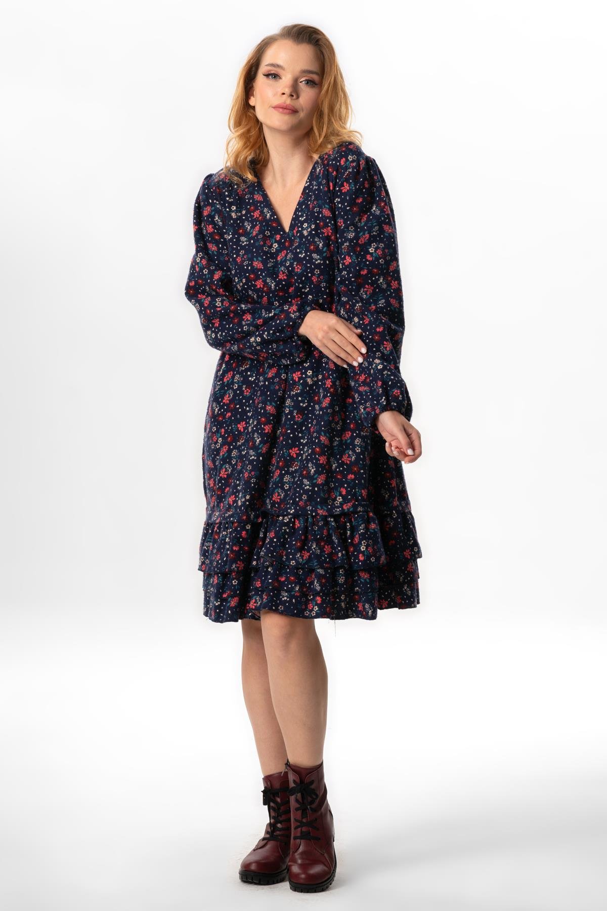 Long Sleeve Universe Flannel V-Neck Fall and Winter Floral Pattern Ruffled Short Dress Navy Blue
