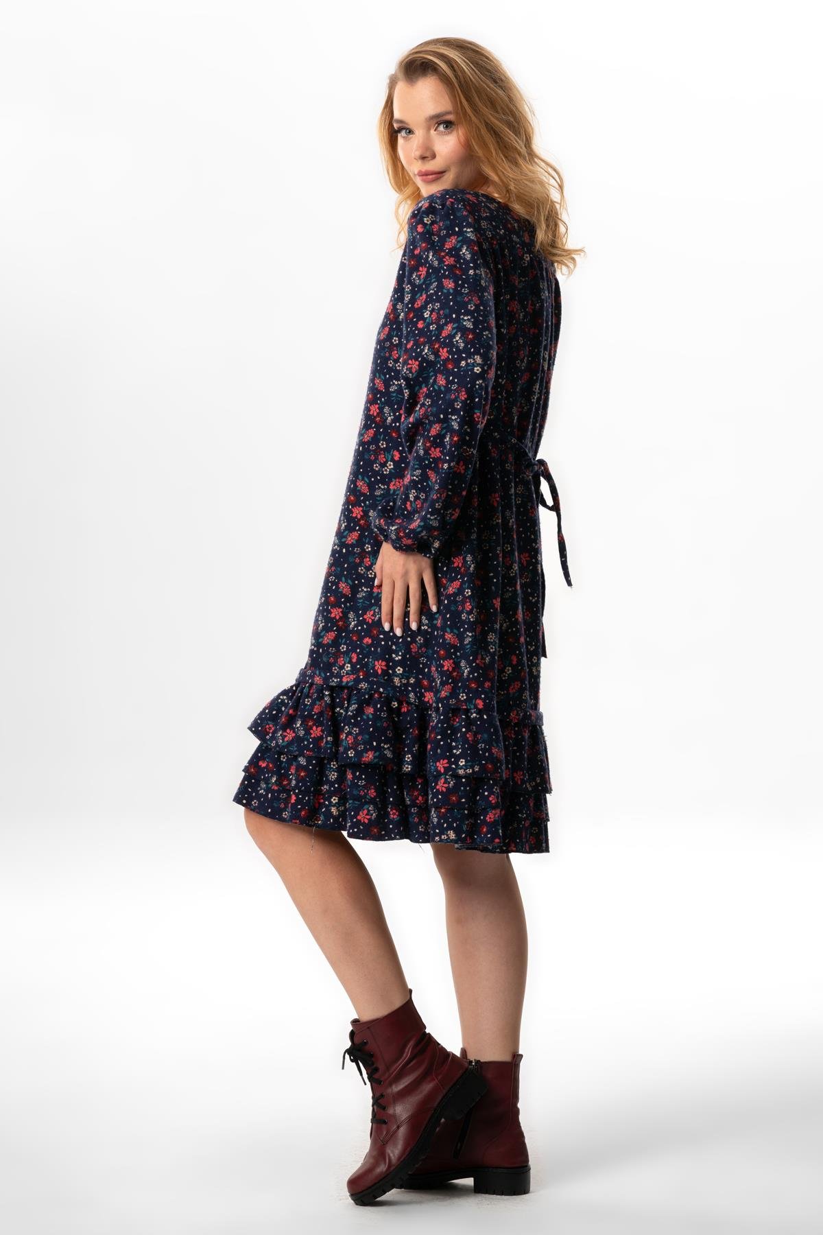 Long Sleeve Universe Flannel V-Neck Fall and Winter Floral Pattern Ruffled Short Dress Navy Blue