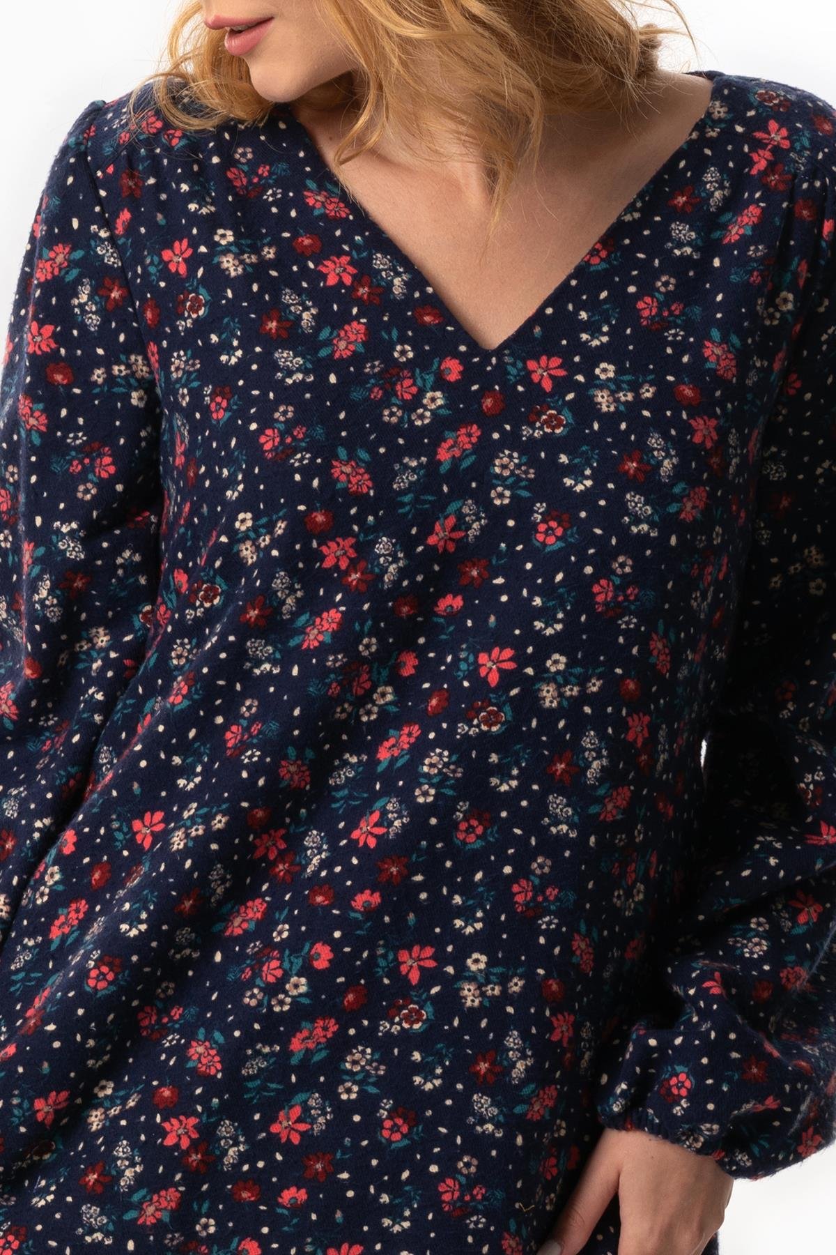 Long Sleeve Universe Flannel V-Neck Fall and Winter Floral Pattern Ruffled Short Dress Navy Blue