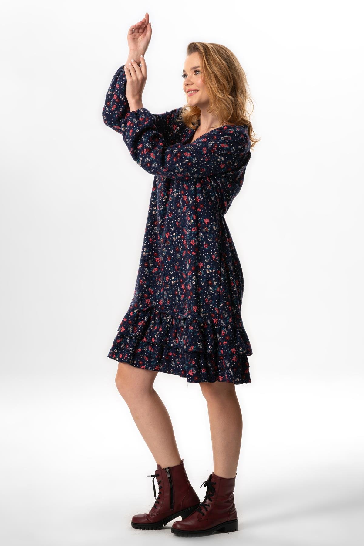 Long Sleeve Universe Flannel V-Neck Fall and Winter Floral Pattern Ruffled Short Dress Navy Blue