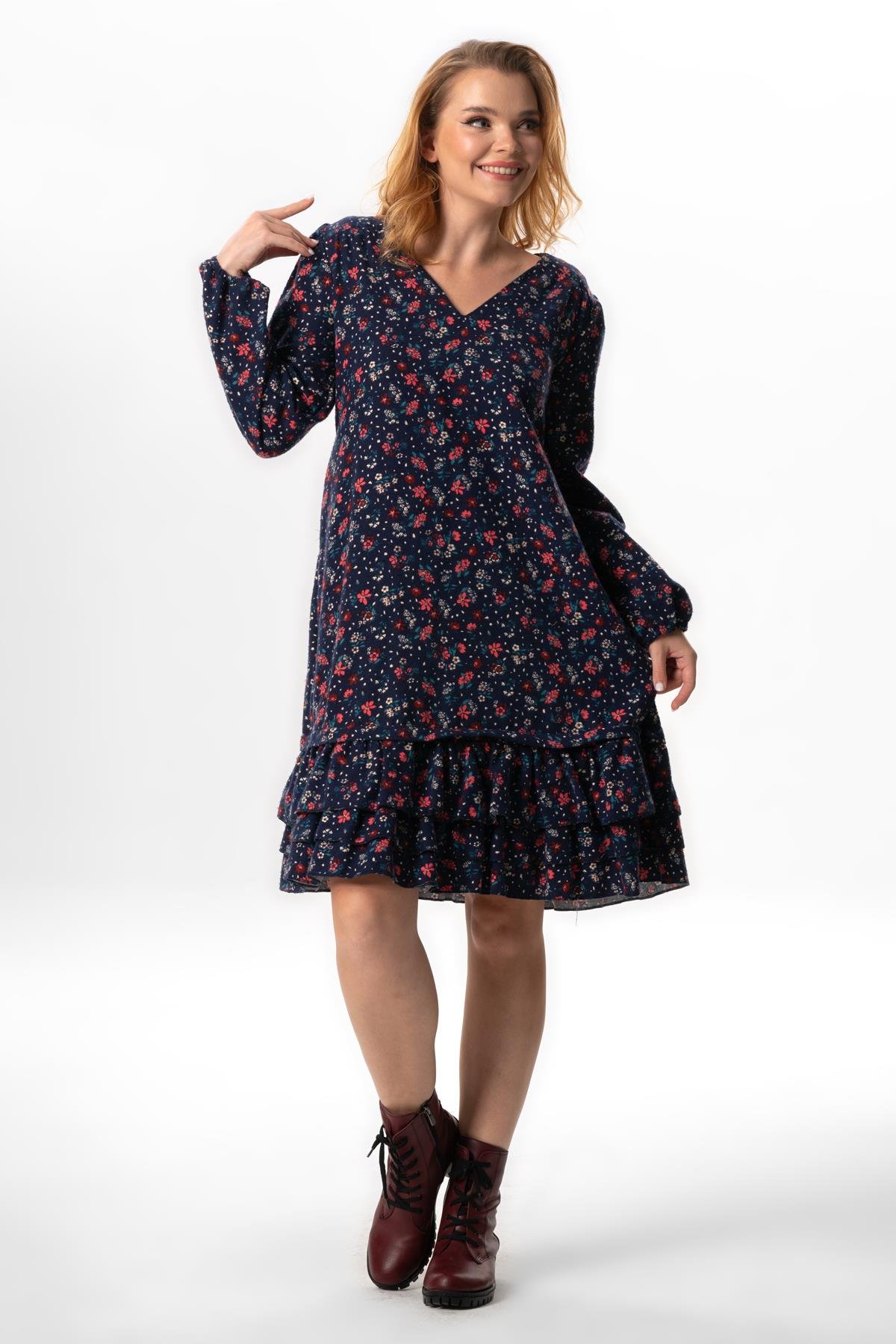 Long Sleeve Universe Flannel V-Neck Fall and Winter Floral Pattern Ruffled Short Dress Navy Blue