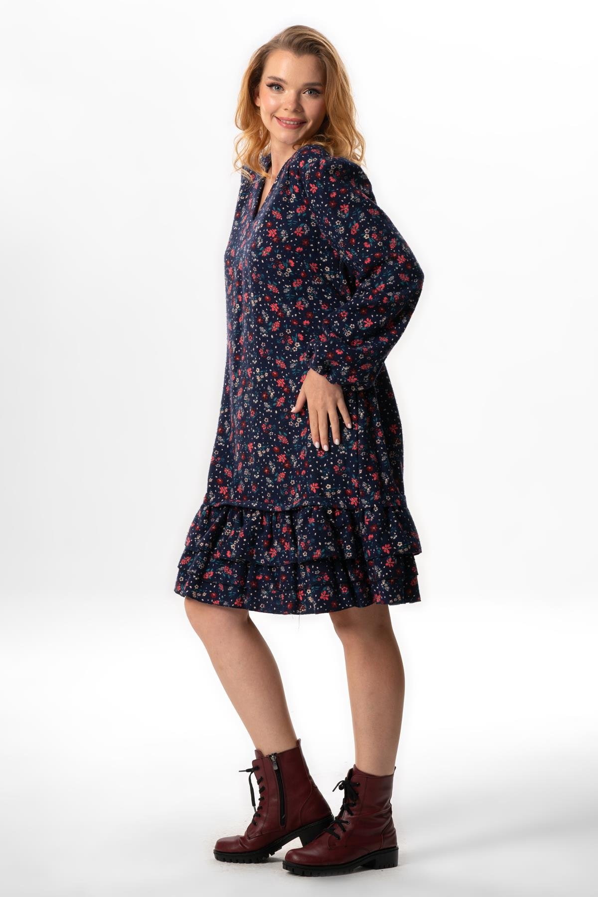 Long Sleeve Universe Flannel V-Neck Fall and Winter Floral Pattern Ruffled Short Dress Navy Blue