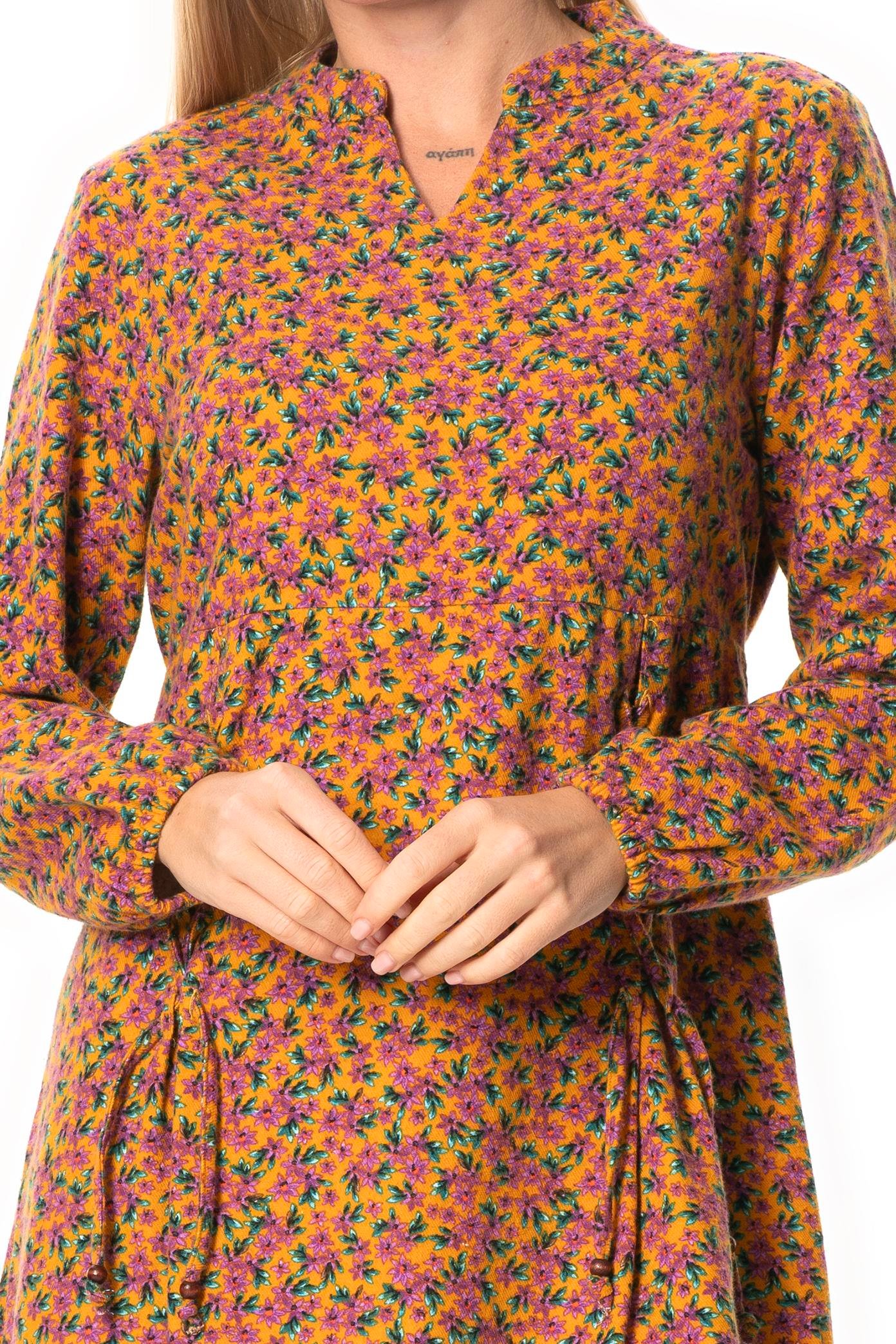 Uzun Kol Fahriye Pazen Çiçek Desenli V Yaka Kısa Sonbahar ve Kışlık Elbise Hardal Hrd