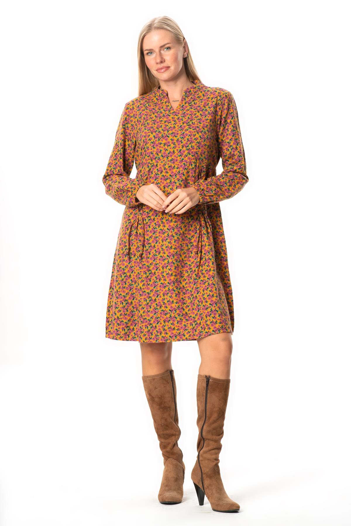 Uzun Kol Fahriye Pazen Çiçek Desenli V Yaka Kısa Sonbahar ve Kışlık Elbise Hardal Hrd