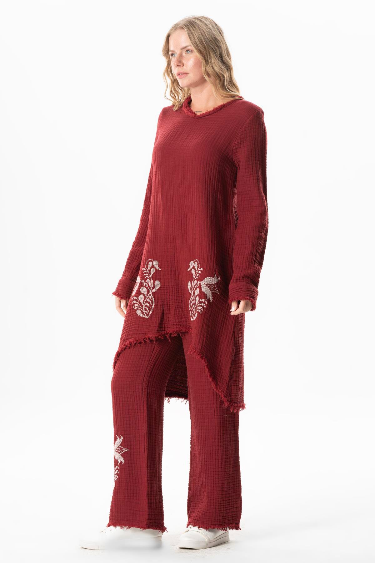 Uzun Kol Filiz V Yaka Sonbahar ve Kışlık Asimetrik Kesim Nakışlı Double Müslin Tunik Bordo Brd