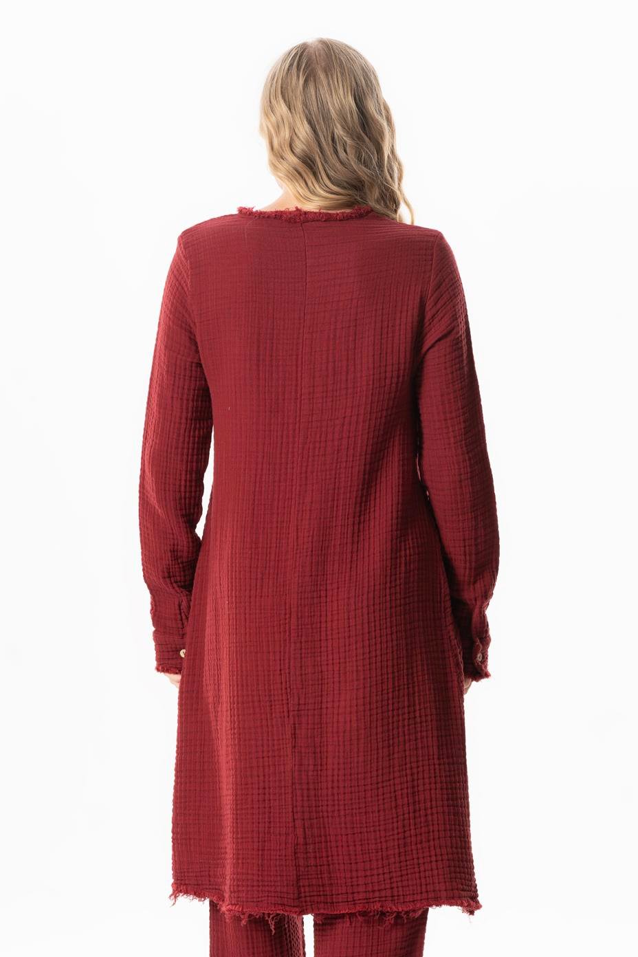 Uzun Kol Filiz V Yaka Sonbahar ve Kışlık Asimetrik Kesim Nakışlı Double Müslin Tunik Bordo Brd