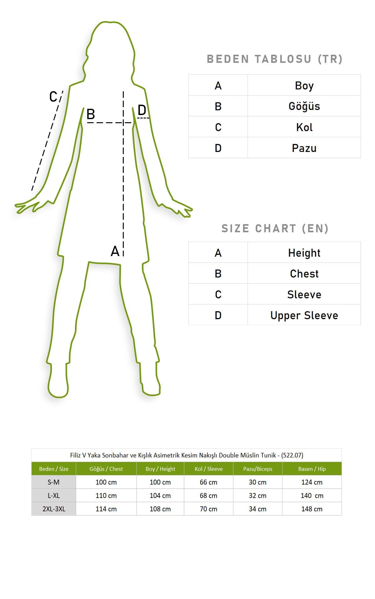 Uzun Kol Filiz V Yaka Sonbahar ve Kışlık Asimetrik Kesim Nakışlı Double Müslin Tunik Vizon Vzn