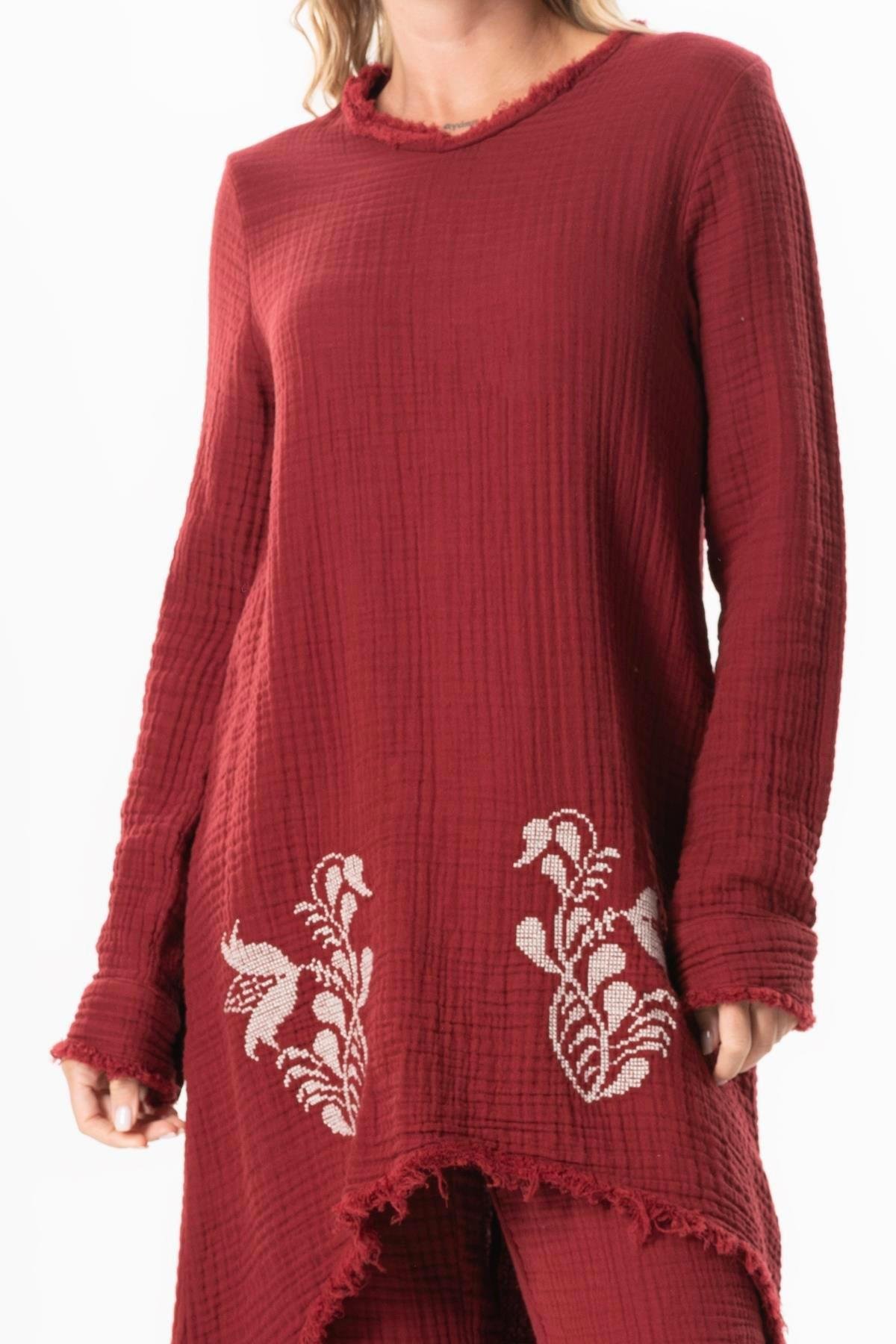 Uzun Kol Filiz V Yaka Sonbahar ve Kışlık Asimetrik Kesim Nakışlı Double Müslin Tunik Bordo Brd