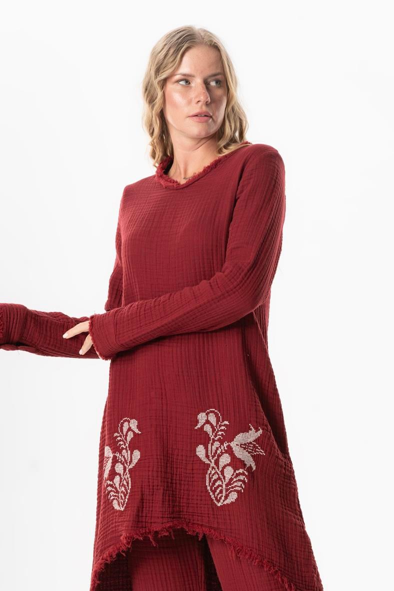 Uzun Kol Filiz V Yaka Sonbahar ve Kışlık Asimetrik Kesim Nakışlı Double Müslin Tunik Bordo Brd