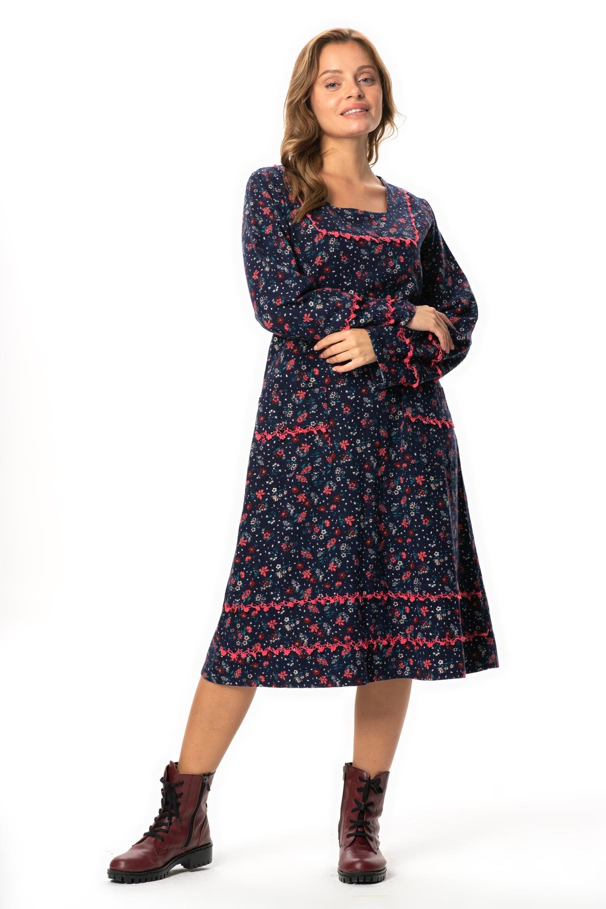 Uzun Kol Firdevs Yuvarlak Yaka Cep Detaylı Kısa Kışlık Pazen Elbise Çiçek Desen Lacivert Lcvt