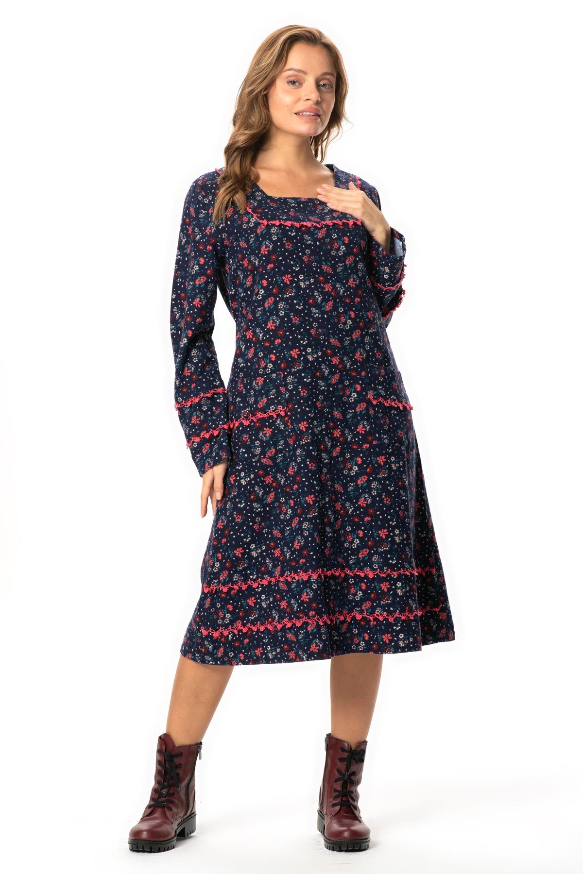 Uzun Kol Firdevs Yuvarlak Yaka Cep Detaylı Kısa Kışlık Pazen Elbise Çiçek Desen Lacivert Lcvt