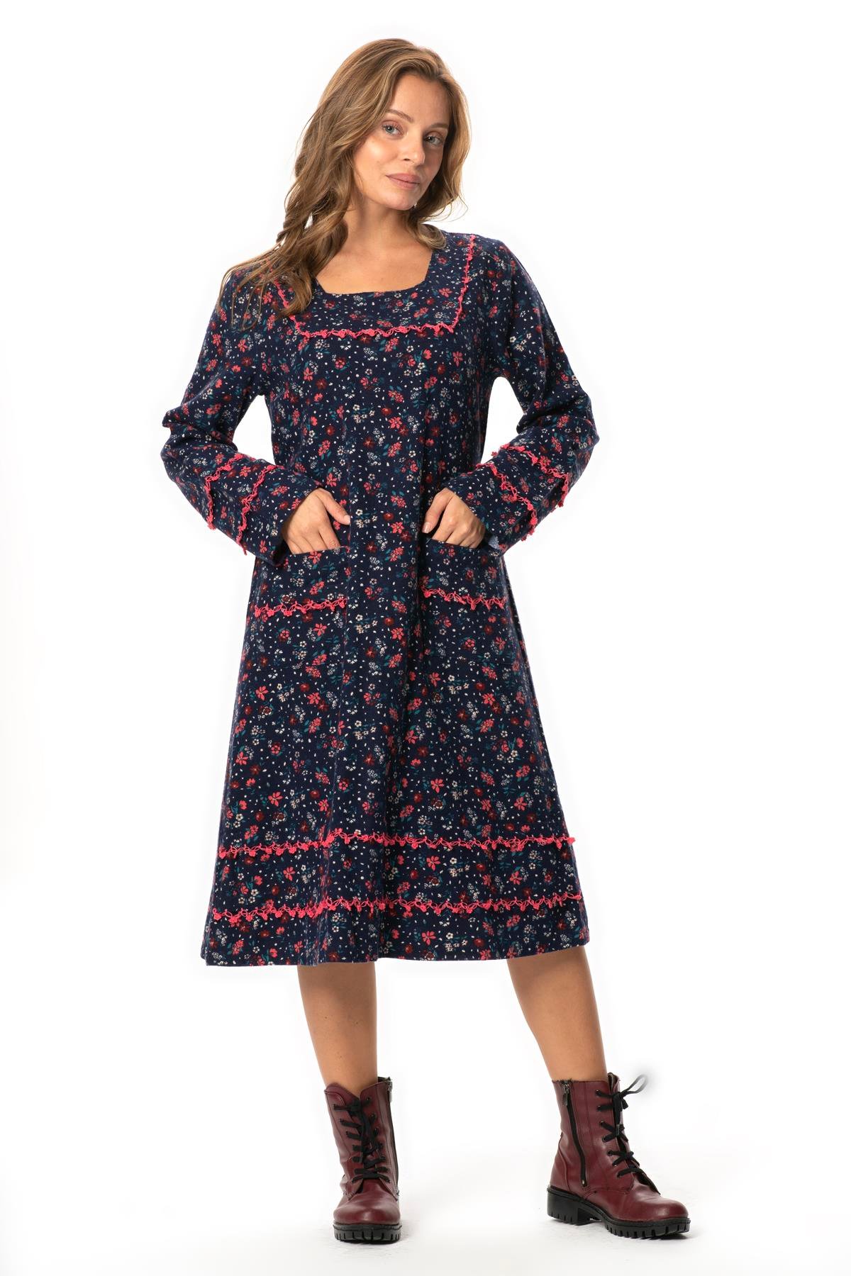 Uzun Kol Firdevs Yuvarlak Yaka Cep Detaylı Kısa Kışlık Pazen Elbise Çiçek Desen Lacivert Lcvt