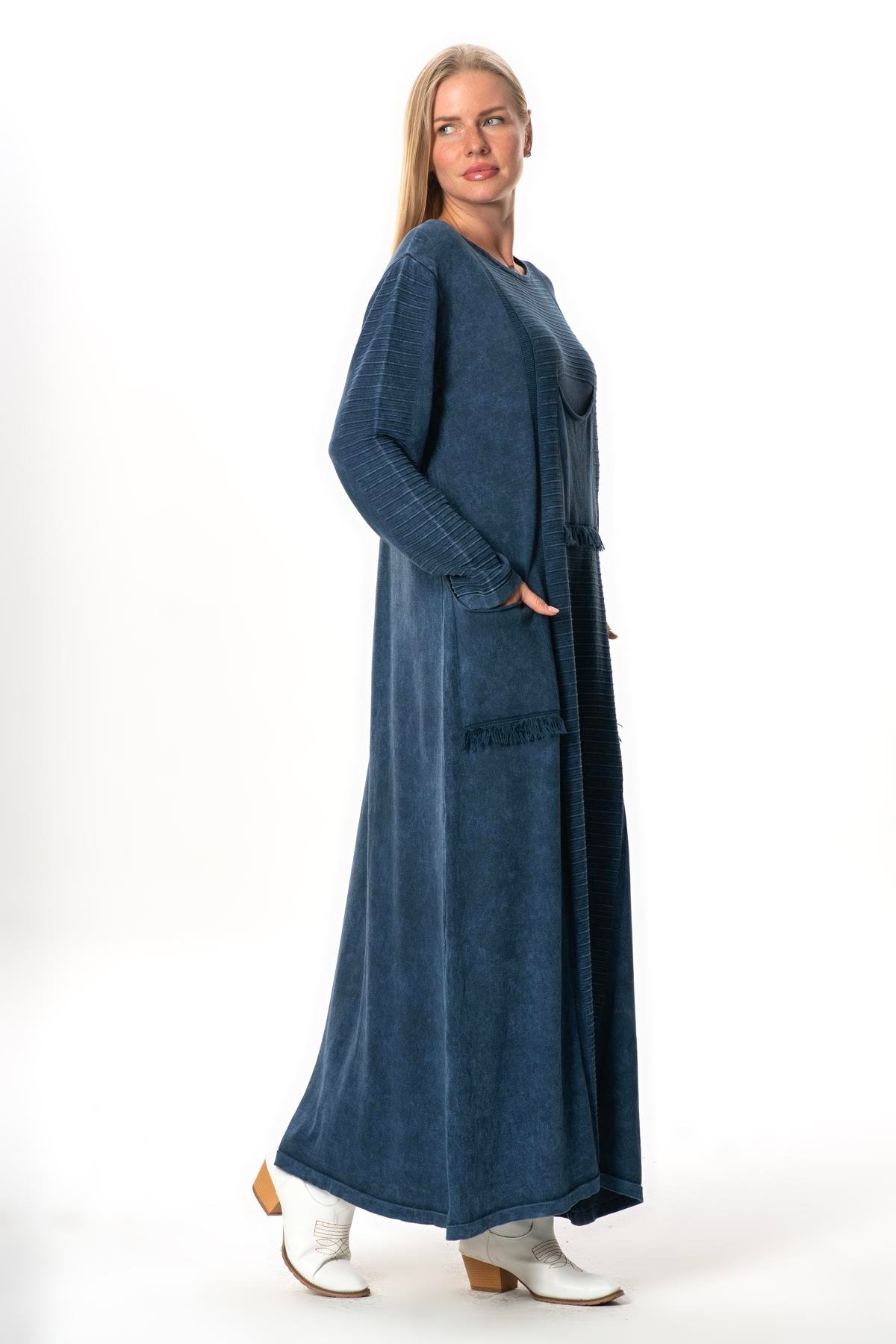 Uzun Kol Gamze Cep Detaylı Sonbahar ve Kışlık Uzun Triko Elbise İndigo indg