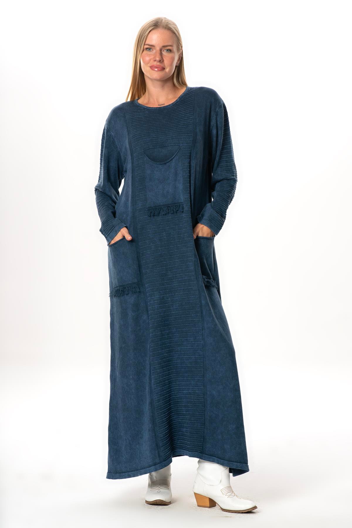 Uzun Kol Gamze Cep Detaylı Sonbahar ve Kışlık Uzun Triko Elbise İndigo indg